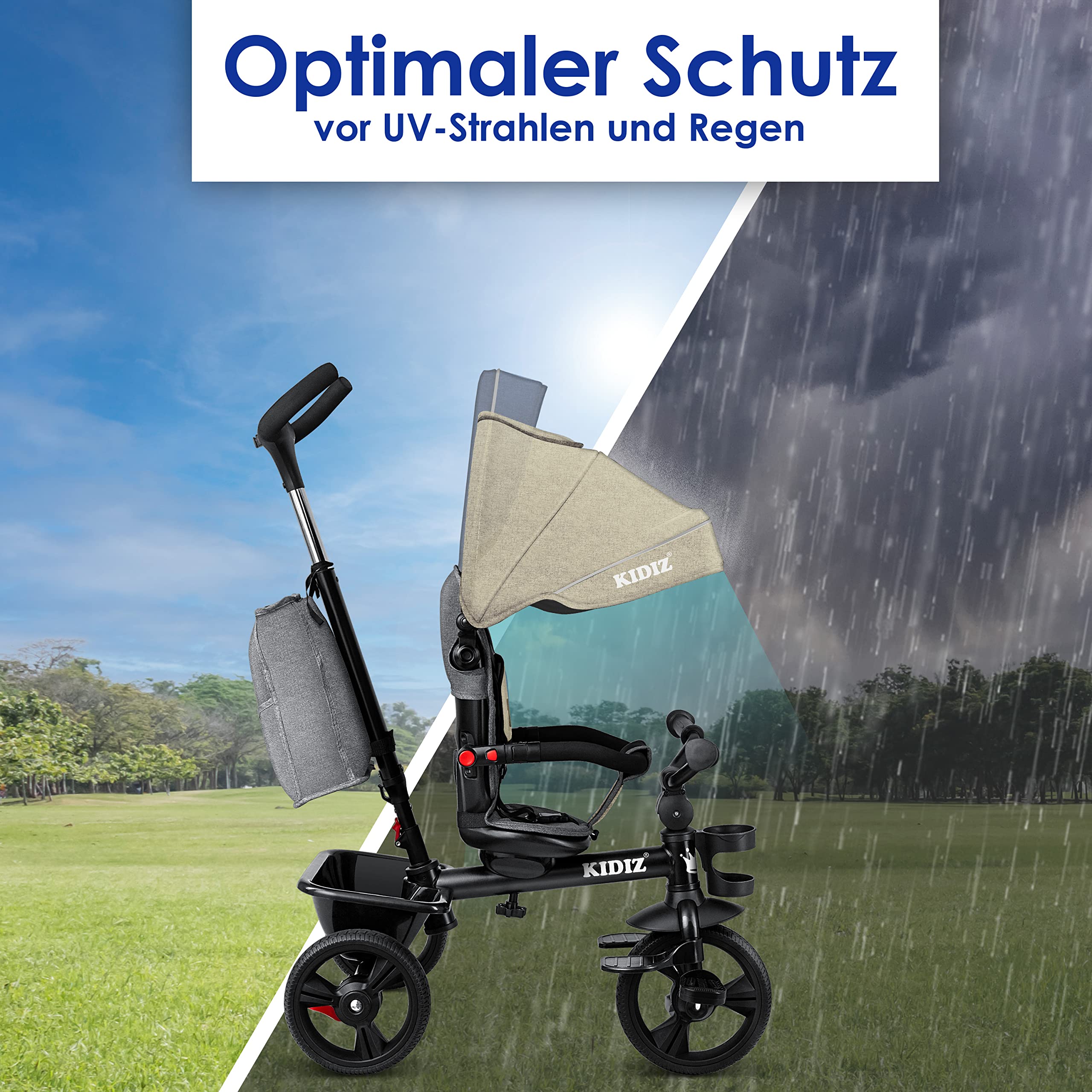 KIDIZ® Triciclo 5 in 1 triciclo per bambini con asta di spinta sistema di sterzo asta a partire da 1 anno jogger per andare avanti e indietro I beige