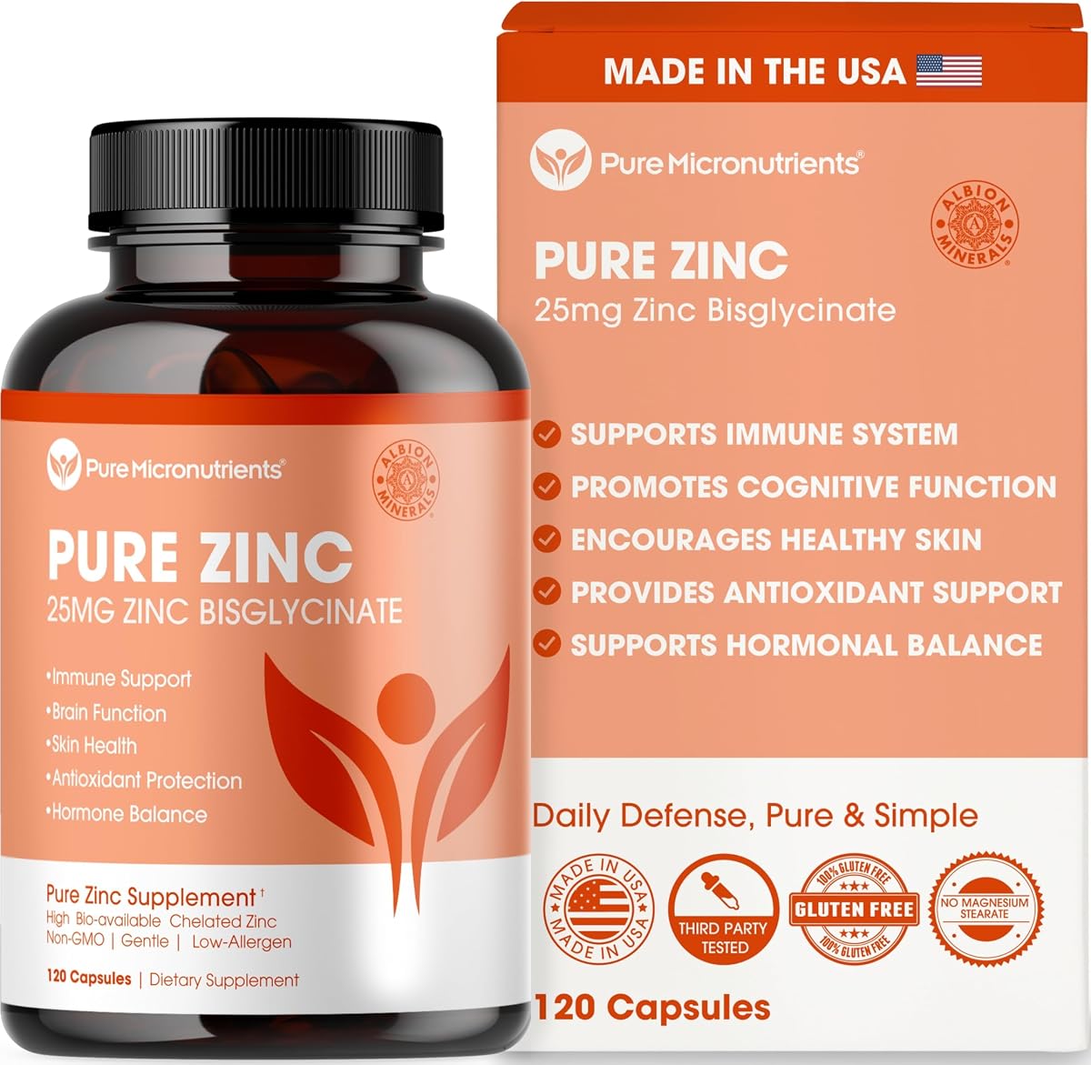 Pure Zinc Supplement 25mg, TRAACS Bisglycinate Chelate, 120 Capsules | Immune support, skin health & energy for men & women; gentle, high-absorption chelated zinc