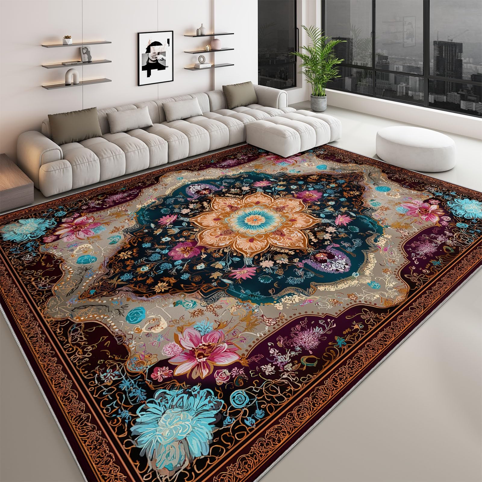 Generisch Antypoślizgowy dywan do salonu, 140 x 200 cm, vintage, klasyczny mandala, nadaje się do prania, tradycyjny dywan do salonu, gabinetu, sypialni