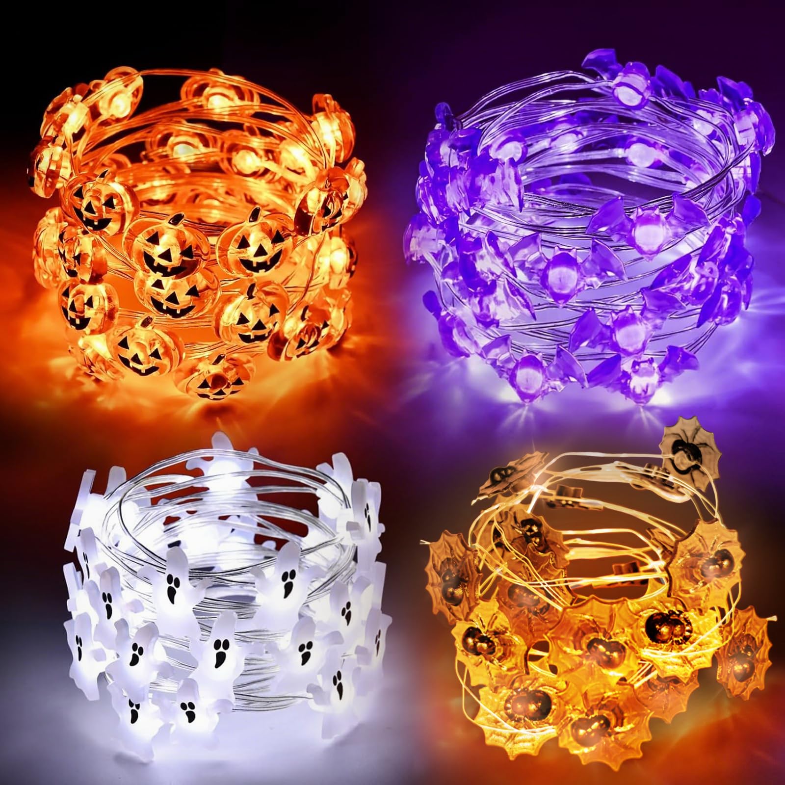 4PCS Halloween Decorations Lights, Halloweens Fairy Light, 30LED Trick Home Decor Sets Pumpkins Spiders Bats Ghosts in Outdoor Indoor Bedroom