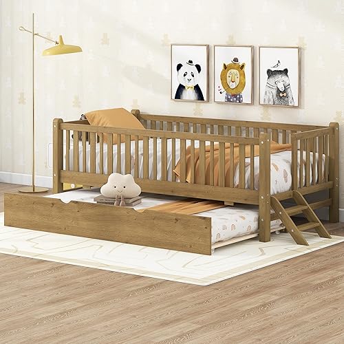 Miniatura 85 de Polibi Sofá cama de tamaño matrimonial, marcos de cama de día completo de madera con dos cajones y barandillas de seguridad para dormitorio, sala de