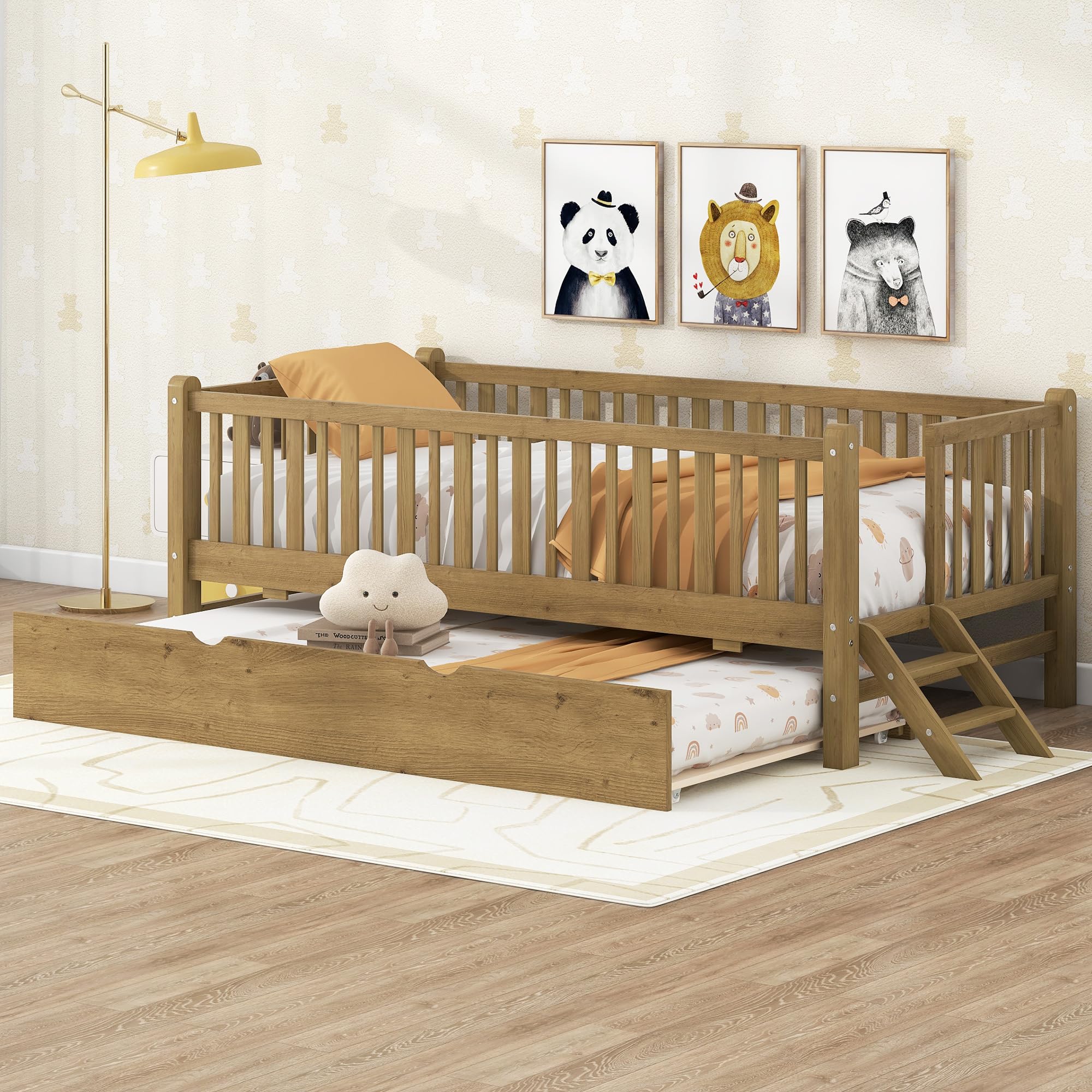 Majnesvon Twin Platform Bed Frame with Trundle Bed Wooden Twin Bed Frame for Boys and Girls 8 Support Slats No Spring Mattress Required Easy Assembly