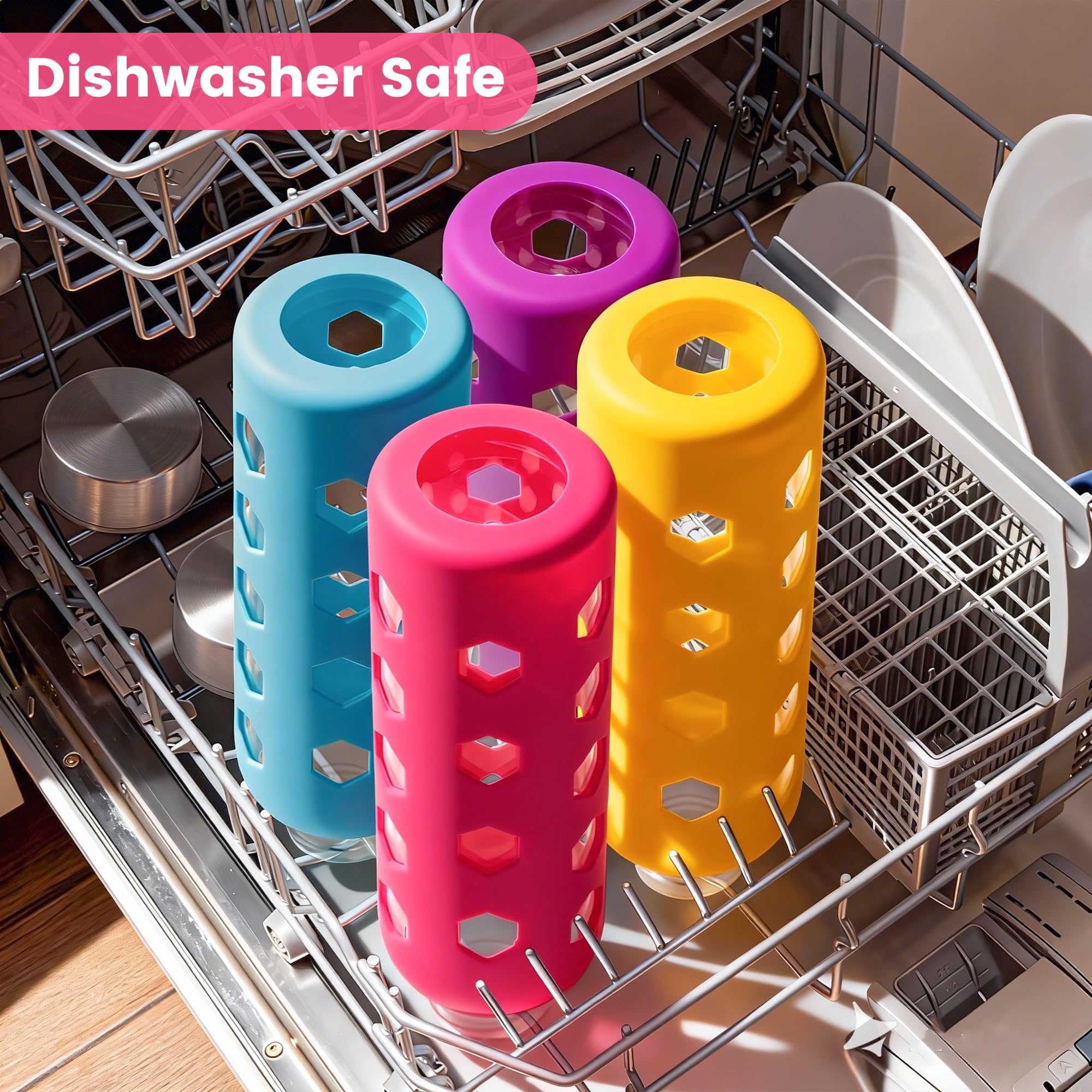 Mrsdry Lot de 4 bouteilles d'eau en verre transparent avec couvercles et manchons en silicone, 550 ml, réutilisables avec bouchon hermétique en acier inoxydable, sans BPA, anti-fuite, pour boissons