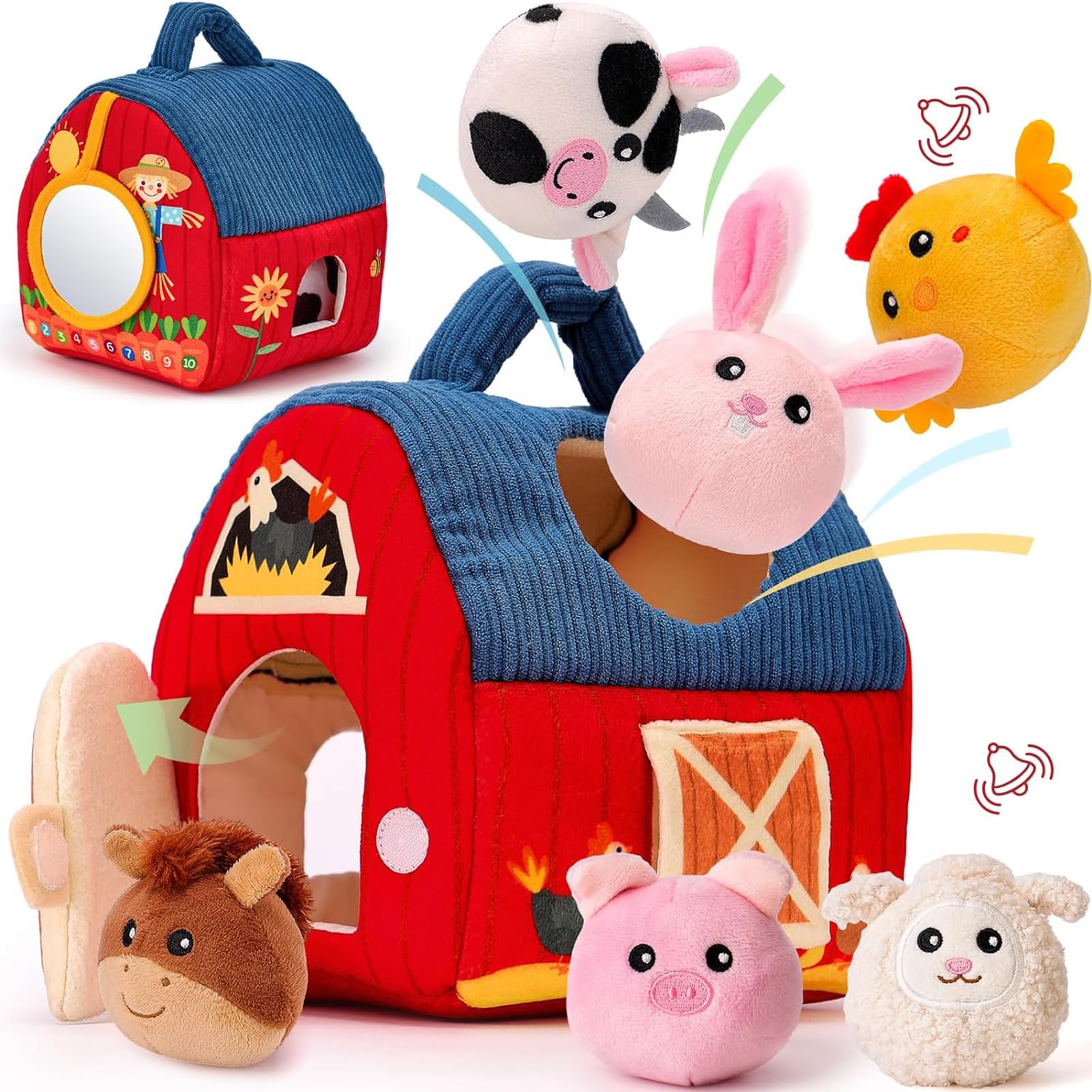 Hahaland Jouet Bébé Animaux de la Ferme en Peluche, Jeux Montessori avec Grange, Hochets, Miroirs Jouet Sensoriel Bébé 0-6 Mois, Cadeau Bébé Enfant 3-6-9 Mois Garçon Fille