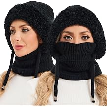 Sumolux 3 in 1 Beanie Hat for Women with Fleece Lined Scarf and Mask Outdoors Windproof Knitted Ski Mask Set