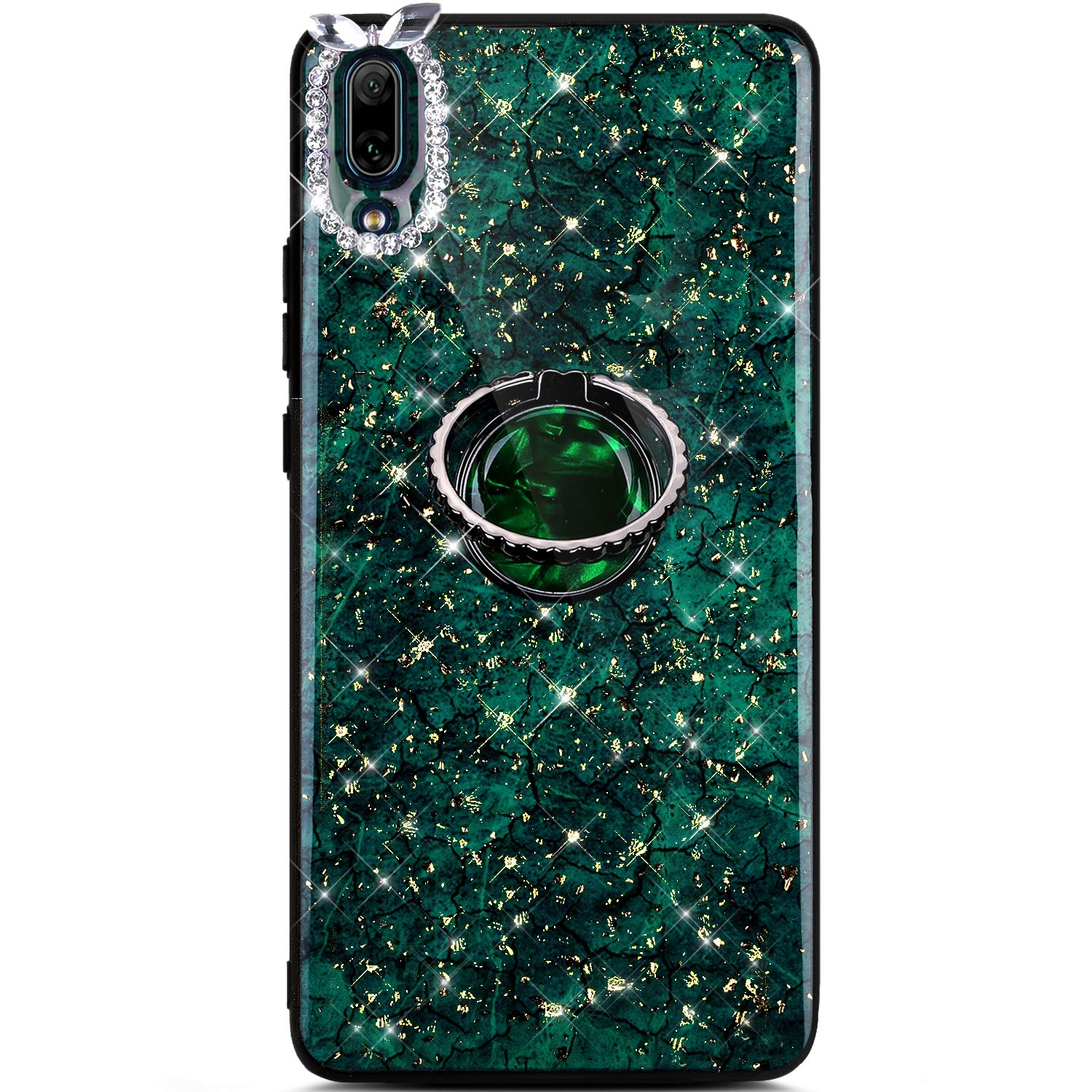 Robinsoni Case Compatible with Huawei Enjoy 9 Phone Case Silicone Glossy TPU Cover 360 Degree Rotation Ring Case Kickstand Phone Cover Sparkle Bling Phone Cover Gel Soft Shockproof Case Amber Green
