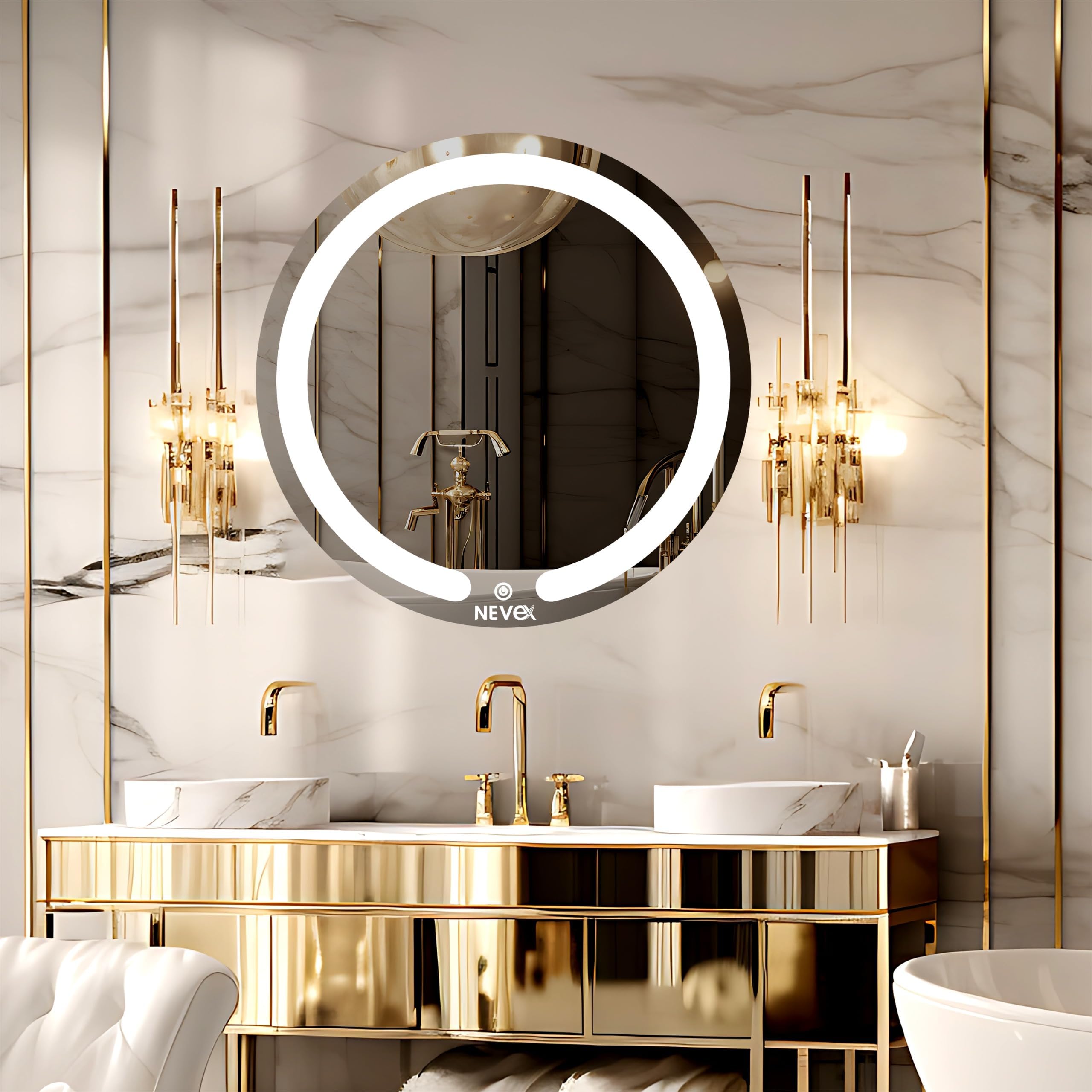 NEVEX Round Wall Mounting Led Mirror with Bathroom,Light Mirror for Wash Besin,Size 24X24 inch|Mirror with Light 3 Tone (Cool White, Natural White, Warm White).