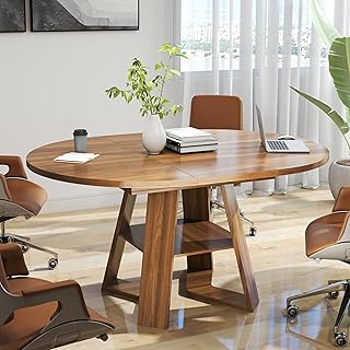 Round Conference Table for 4-6 People,43.3in-59in Extendable Wooden Oval Meeting Room Table with Removable Leaves,Space Saving,Office Table with Storage Shelf for for Office Conference Room (Walnut)