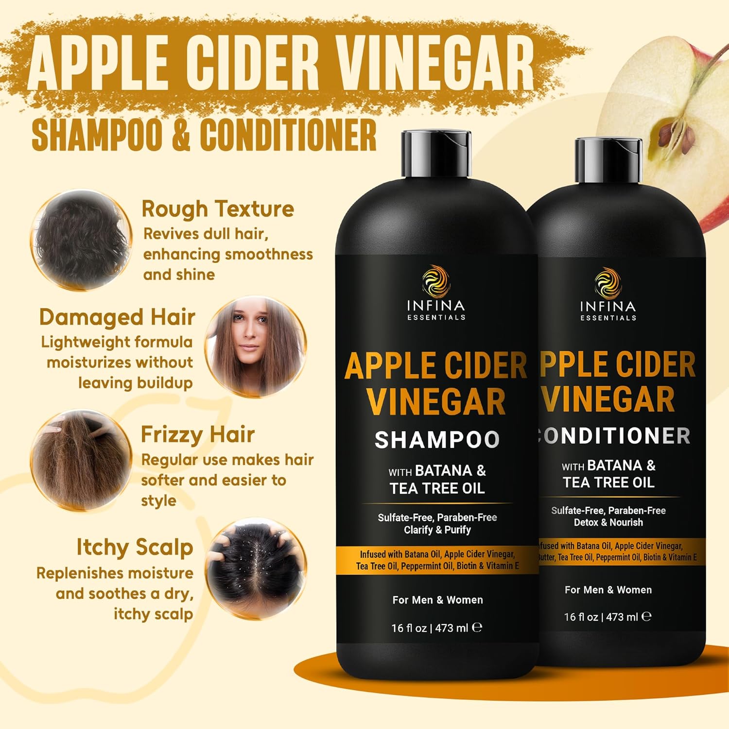 Apple Cider Vinegar Shampoo and Conditioner Set | 16 fl oz Each | with Batana Oil, Biotin & Tea Tree | Clarifying, Detoxifying & Moisturizing Formula | Promotes Hair Growth & Shine - Image 2