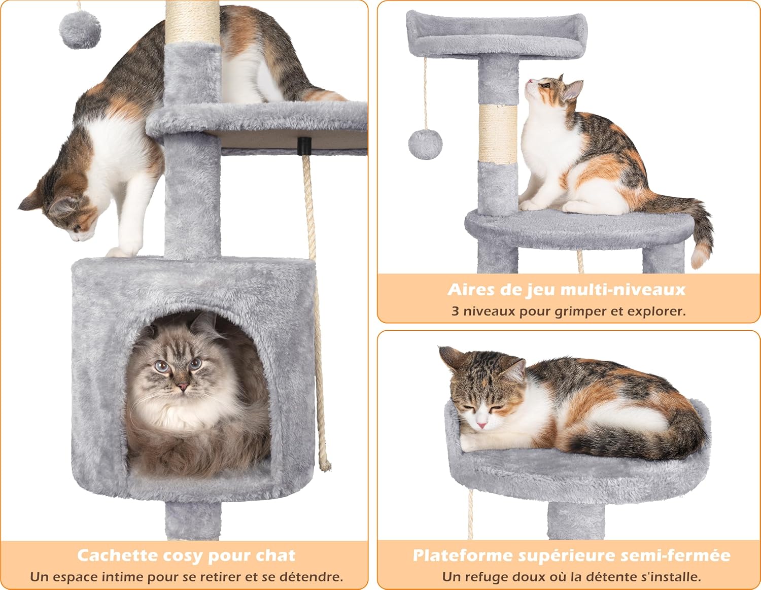 Multiple cats interacting with different levels and features of the cat tree