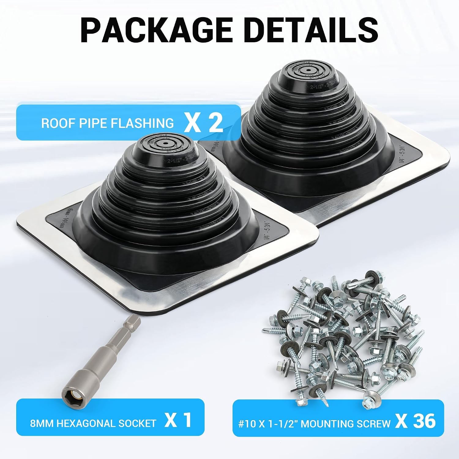 High Temp Silicone Metal Roof Pipe Flashing Boot, 2 Pack | Roof Vent Boot | Fits Pipe OD 1/4"-5-3/4" | Square Aluminum Base | Screws Included | Silicone Pipe Seal