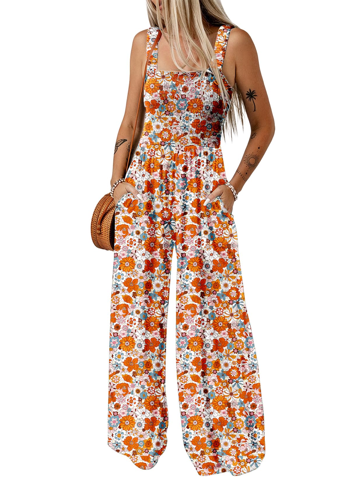 DokotooWomen's Casual Loose Overalls Jumpsuits One Piece Sleeveless Printed Wide Leg Long Pant Rompers With Pockets