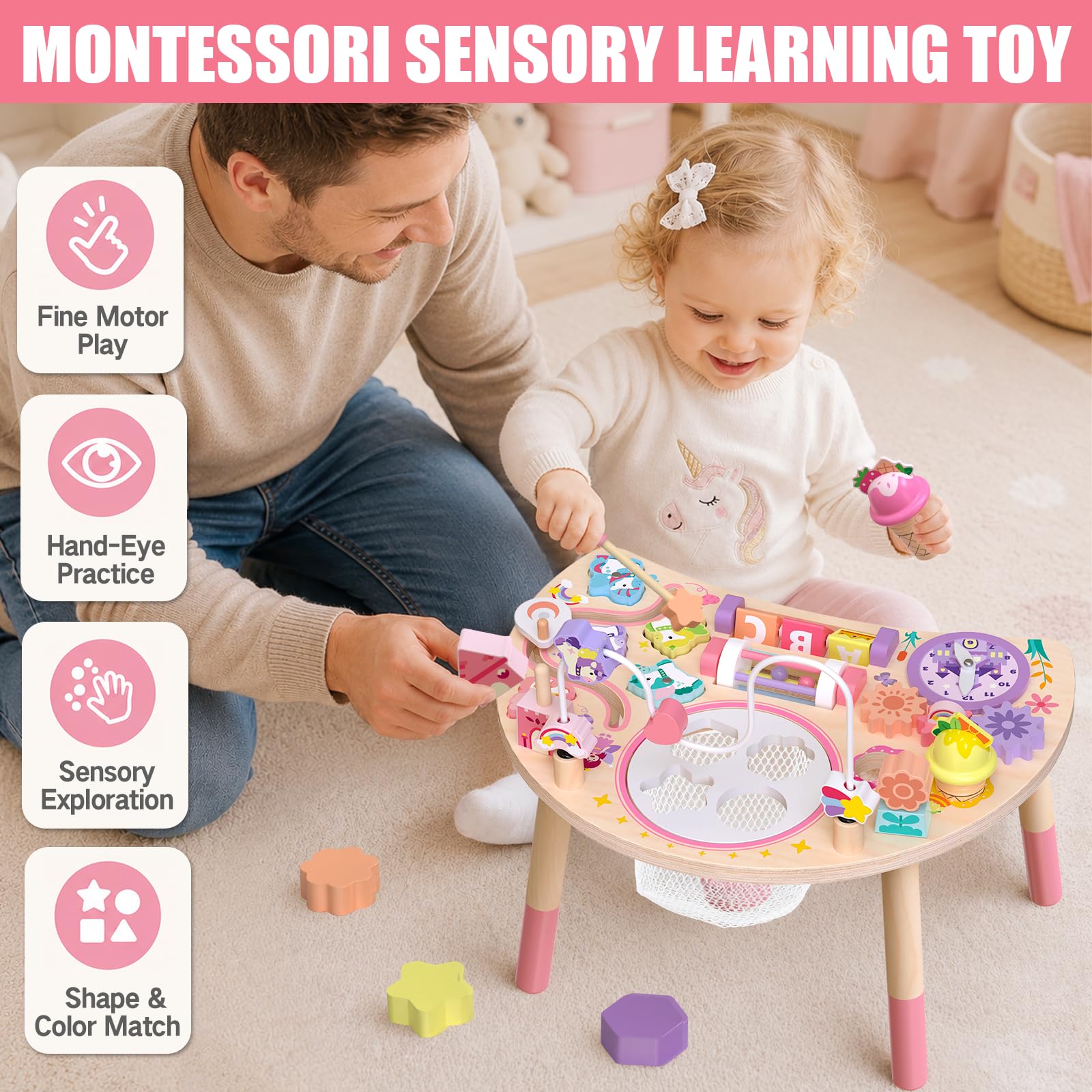 Tavolo Multiattivita Bambini Giochi Montessori 1 Anno Busy Board 10-in-1 | Giocattolo di Apprendimento Sensoriale Unicorno 10-in-1 — Regalo di Compleanno per Bambini di 1, 2 e 3 Anni