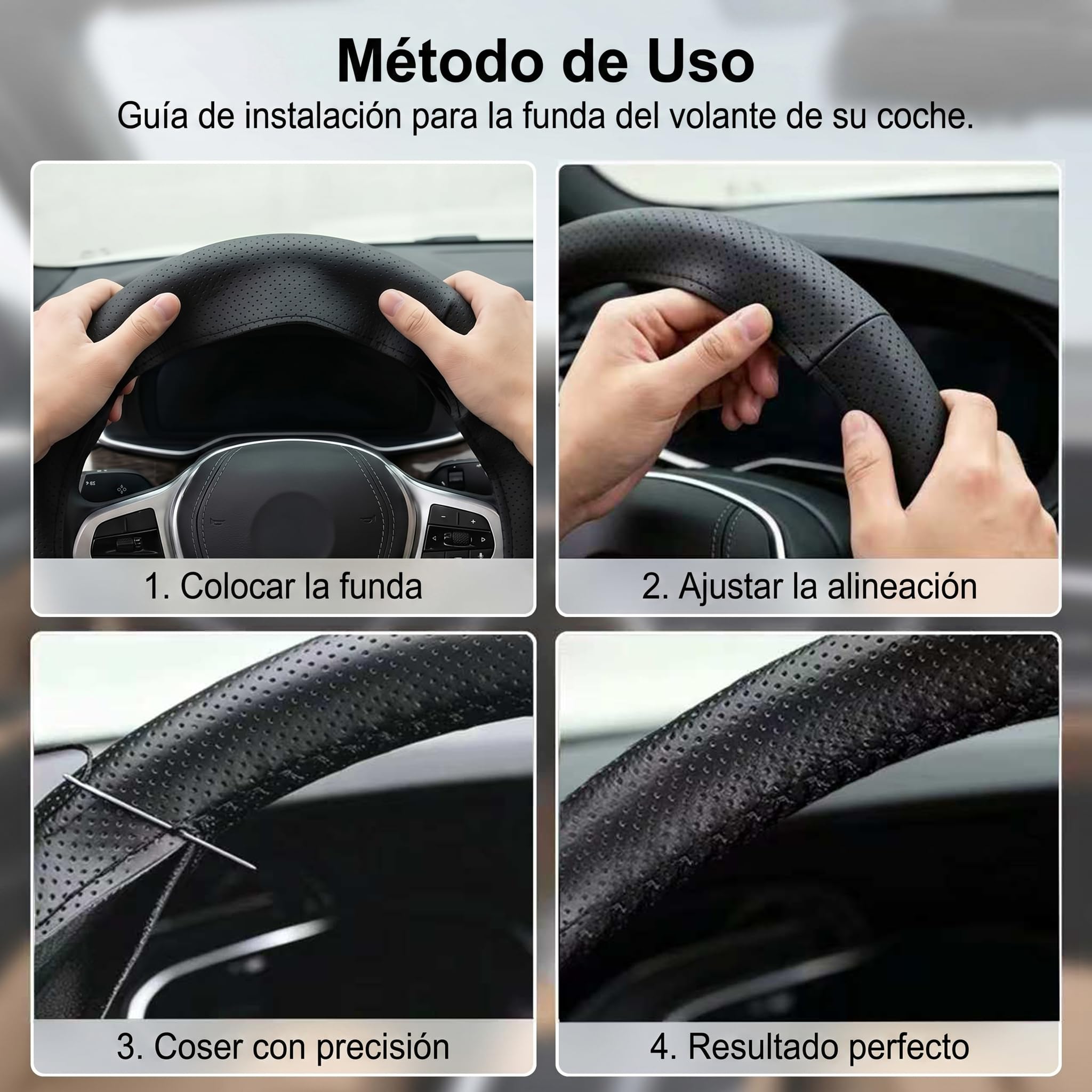 Funda Volante Coche Universal 38cm Cuero Antideslizante Negra | Transpirable, Con Agujas e Hilo para Coser, Accesorios Interior, Protector Volante