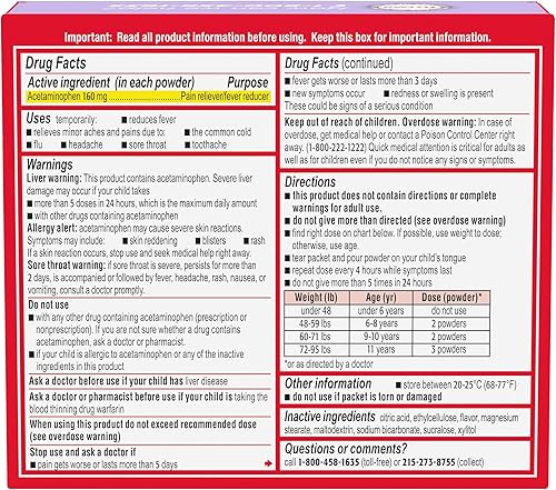 Miniatura 8 de Tylenol - Sobres de 160 miligramos de acetaminofeno en polvo disolvente para niños, sabor a baya silvestre, 30 unidades.