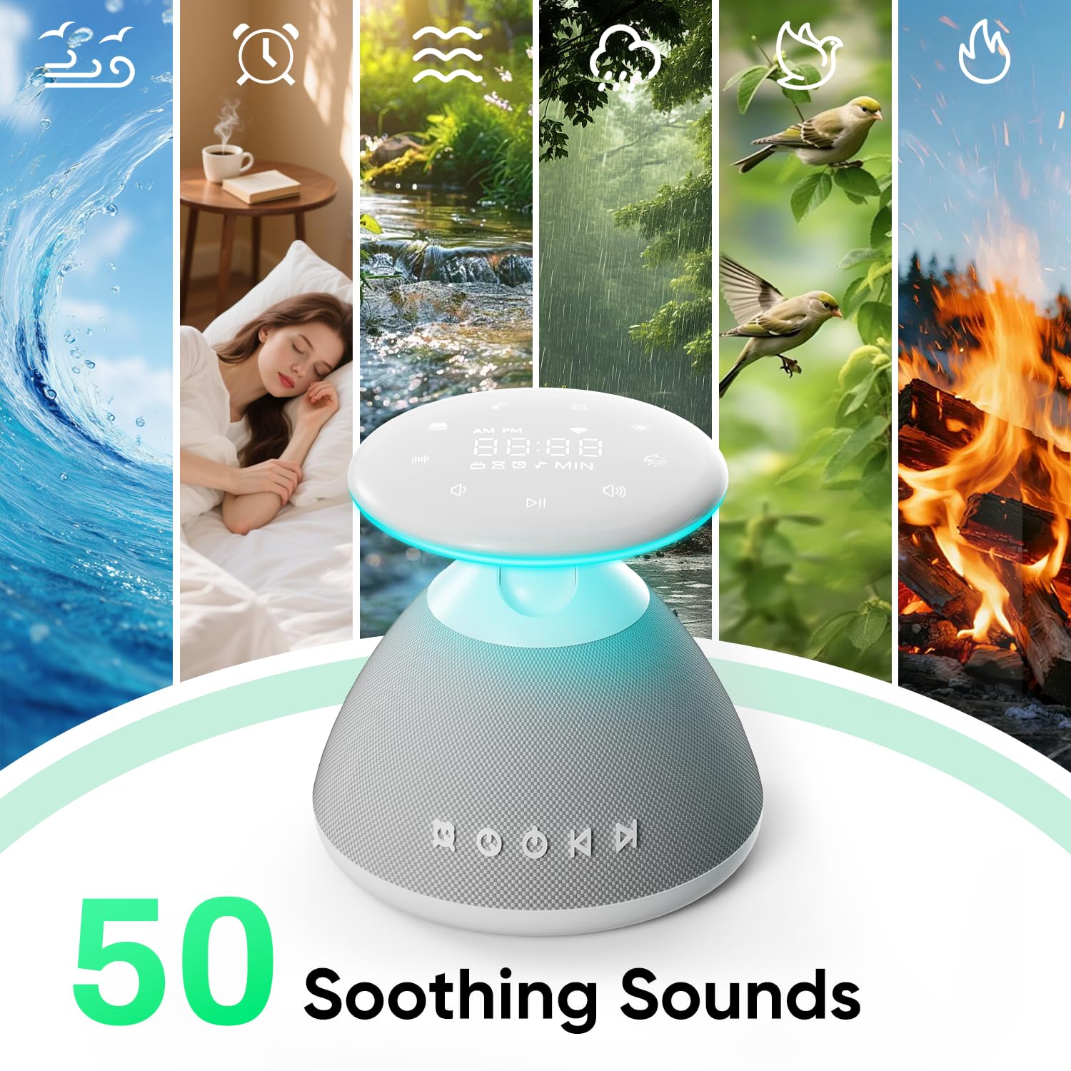 Machine à bruit blanc pour dormir, 50 sons apaisants sans boucle, veilleuse 7 couleurs avec luminosité réglable, minuterie et réveil, contrôle à écran tactile pour bébés, enfants, adultes, maison et