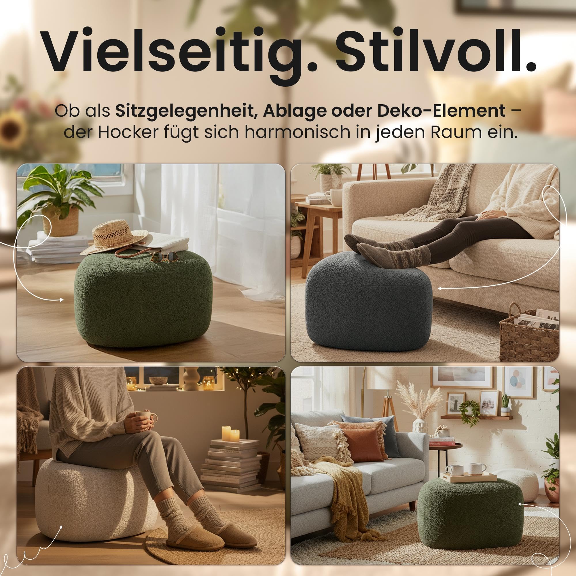 CLP Sitzhocker oval Alfrisa, Polsterhocker mit Teddystoff, Fußhocker gepolstert für Wohnzimmer und Schlafzimmer, Holzgestell stabil Farbe Creme