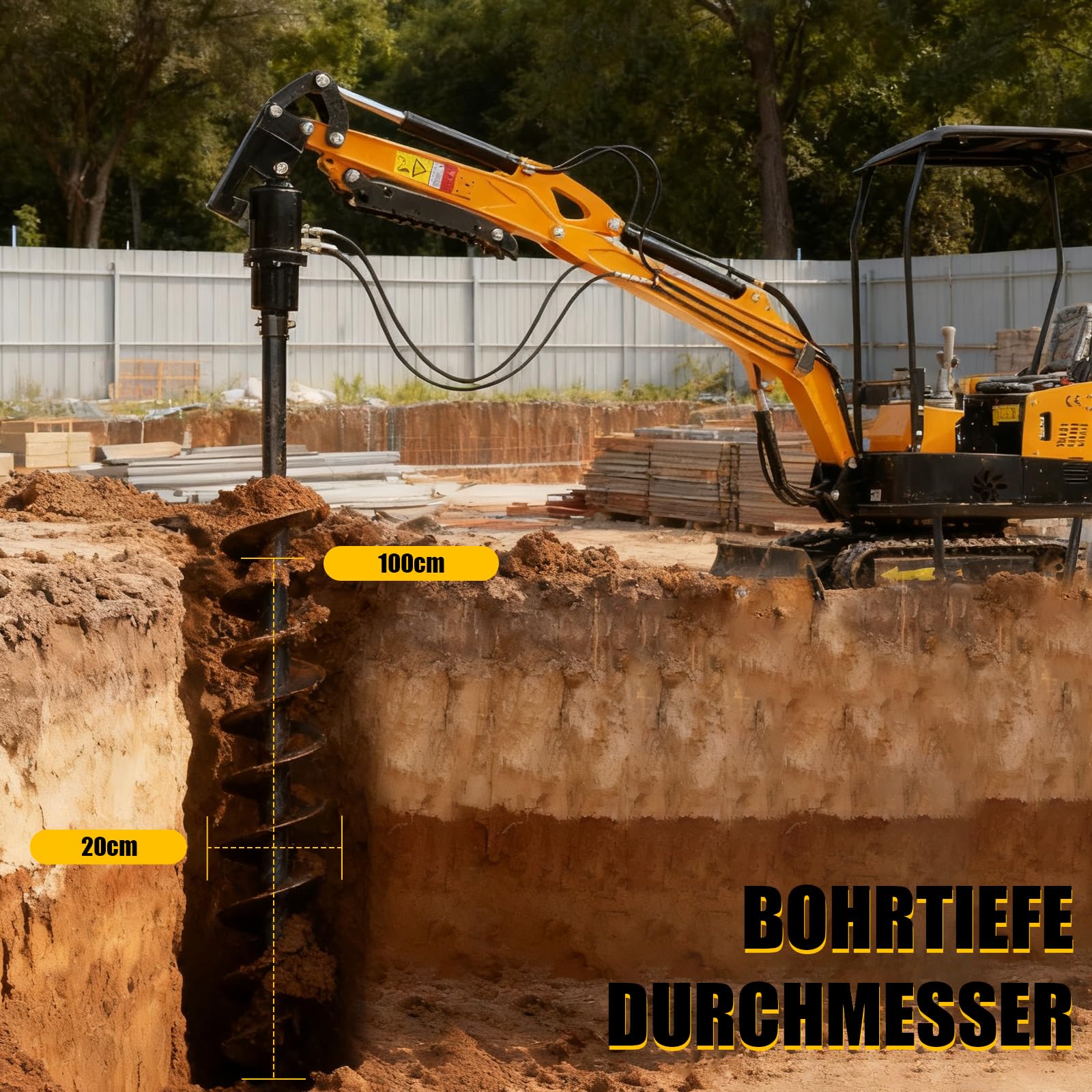 Minikoparka, wiertło do gleby do koparki 800 – 2000 kg, napędzane hydraulicznie, mini koparka, nasadka do świder o średnicy 20 cm, do wiercenia otworów i kopania pali