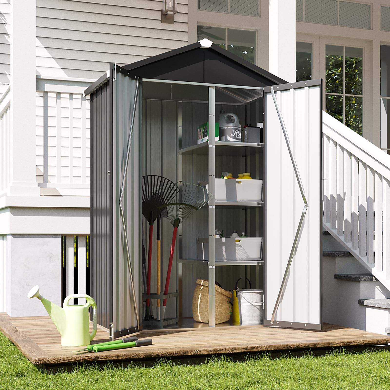 Aoxun 4 x 2ft Metal Garden Shed with Base & Adjustable Shelves, 177cm High with Lockable Double Doors Galvanized Steel Outdoor Storage Shed Weatherproof for Patio Garage Backyard