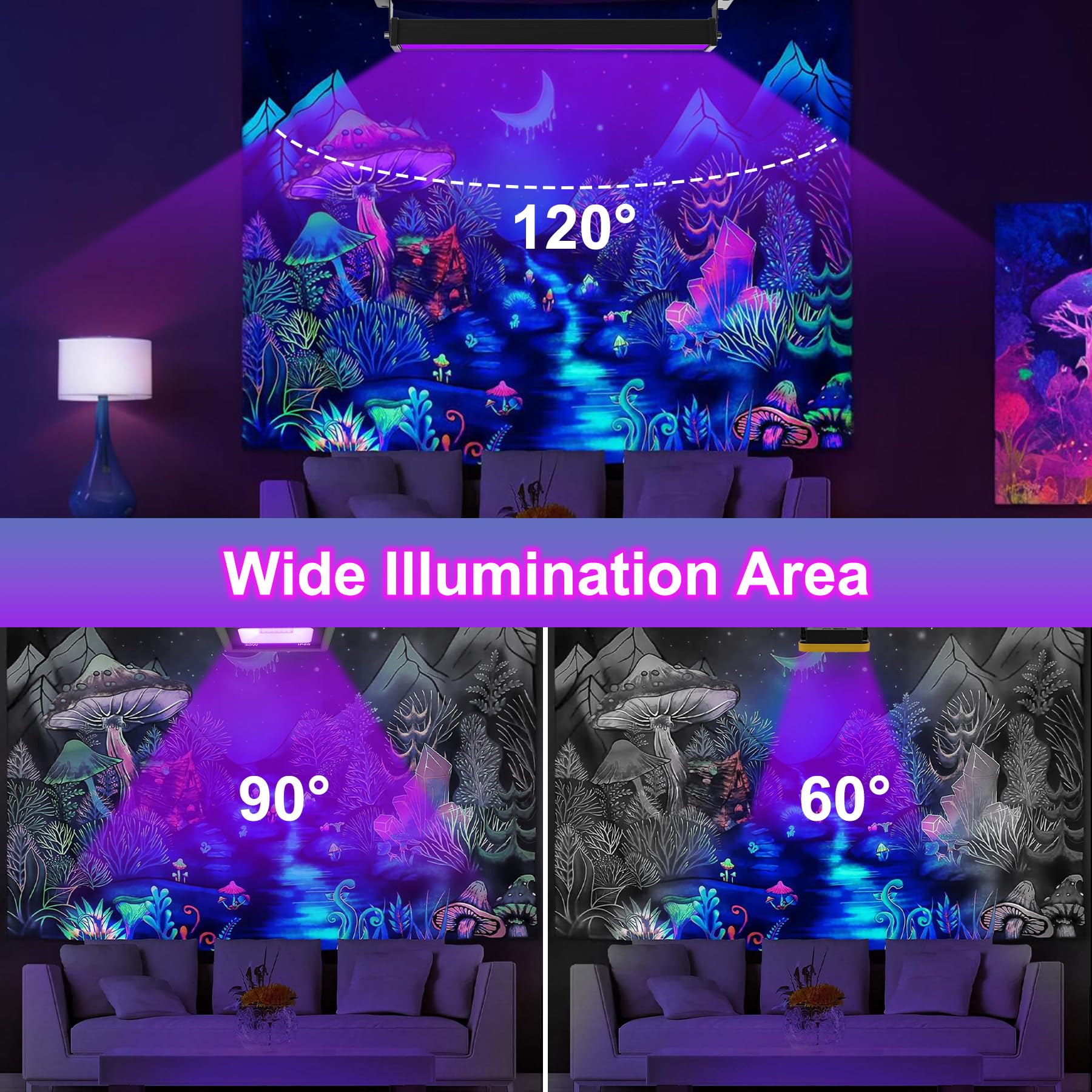 NATPOW Luce Nera UV 36W, 400-405nm Lampada LED Nera con Interruttore e 1,5 Metri di Cavo di Alimentazione, IP65 Impermeabile Faretto UV LED per Halloween, Discoteca, Mostra d'arte, Bar, Feste, 2 Pezzi