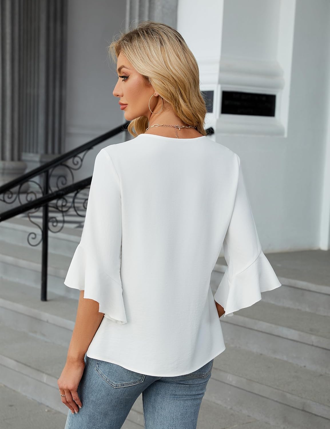 Blooming Jelly Womens 3/4 Length Sleeve Tops Summer Dressy Business Casual Blouses Work Shirts Chiffon V Neck Outfits 2025 - Image 5