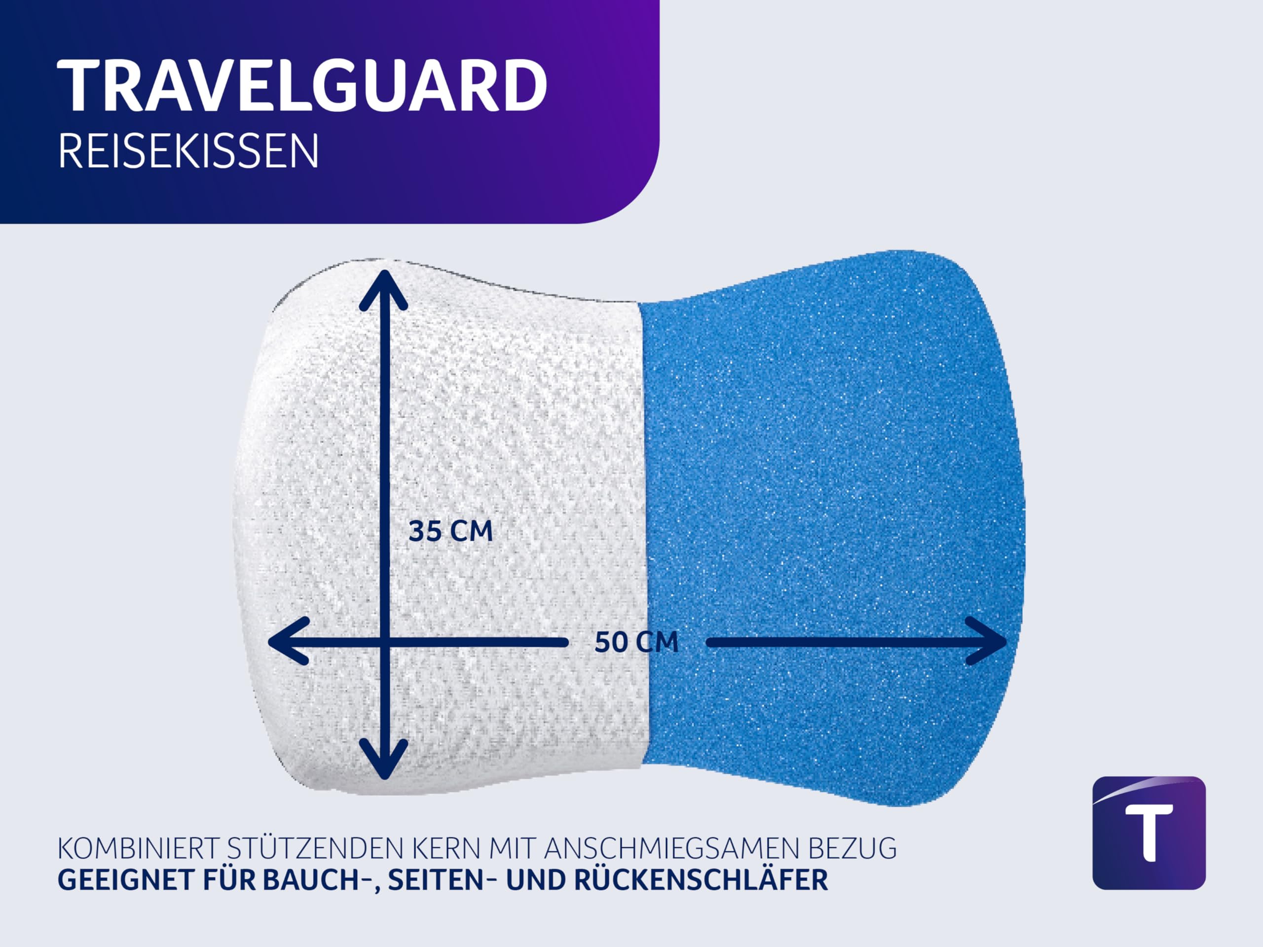 Traumnacht Travelguard ergonomisches Nackenkissen, Kopfkissen, Reisekissen für einen erholsamen Schlaf, 35 x 50 cm, weiß, Öko-Tex geprüft, produziert nach deutschem Qualitätsstandard