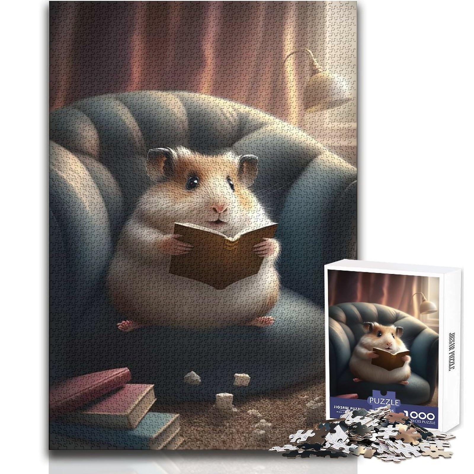 1000 Piece Jigsaw Puzzle for Adults Hamster Reading Book Educational Family Game Presents for Women Secret Santa Gifts Size 38x26cm