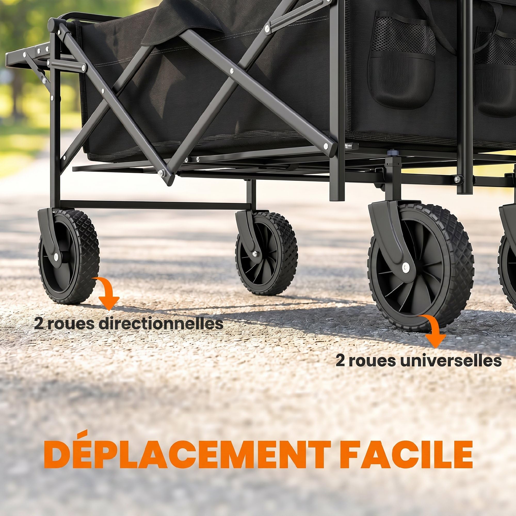 Outsunny Chariot de Transport Pliable, Chariot de Plage 4 Roues Dont 2 Roues Universelles, 140L 100 kg, Poignée Télescopique Inclinaison Réglable Plateau Pliable, pour Plage, Camping, Jardin, Noir