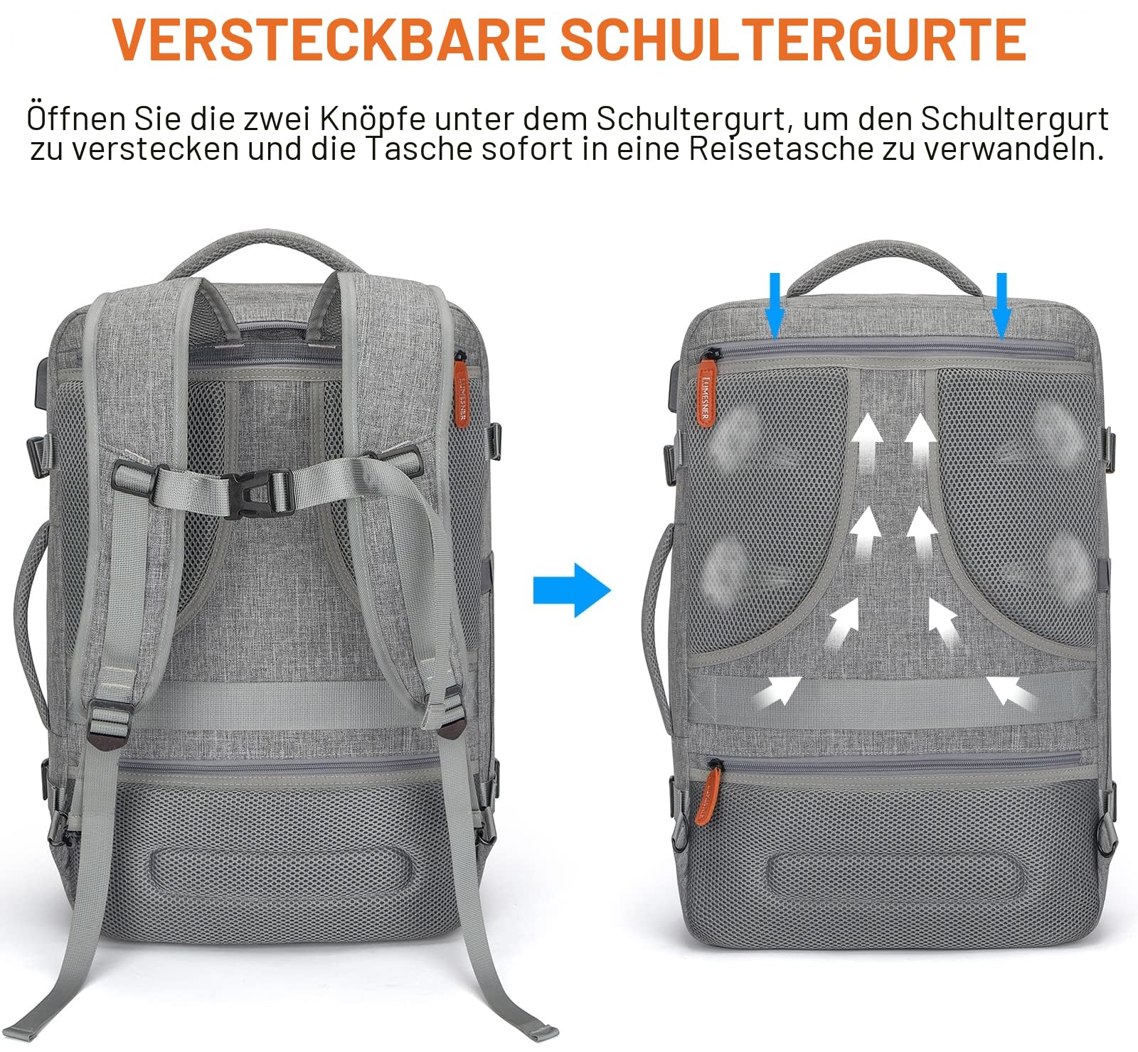 Lumesner Handgepäck-Rucksack, extra groß, 40 l, Flugzugelassen, Reiserucksack für Männer und Frauen, erweiterbar, großer Koffer-Rucksack mit 4 Packwürfeln
