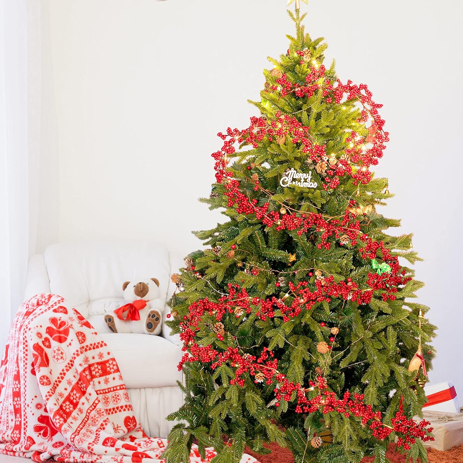 Syhood Christmas Berry String Garland with Lights Thanksgiving Artificial Lighted Garland for Home Xmas Winter Tree Decor Office Fireplace Mantel Decoration Holiday Valentines, 6 Ft (Red,1 Pc)