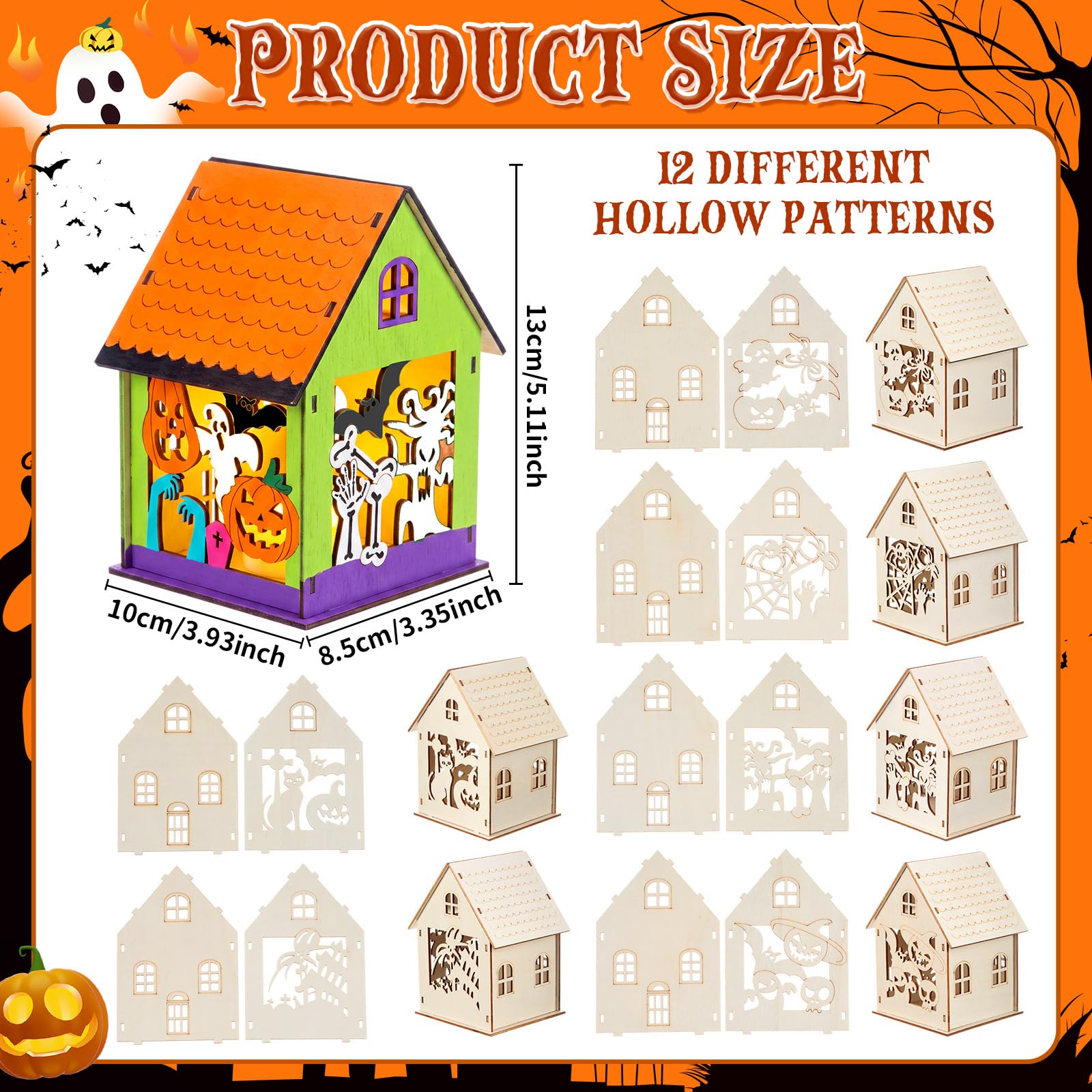 Jenaai Lot de 24 maisons d'Halloween en bois à faire soi-même - Maison hantée en vrac - Ensemble de village 3D en bois - Citrouille fantôme - Artisanat à peindre pour enfants - Cadeau de salle de