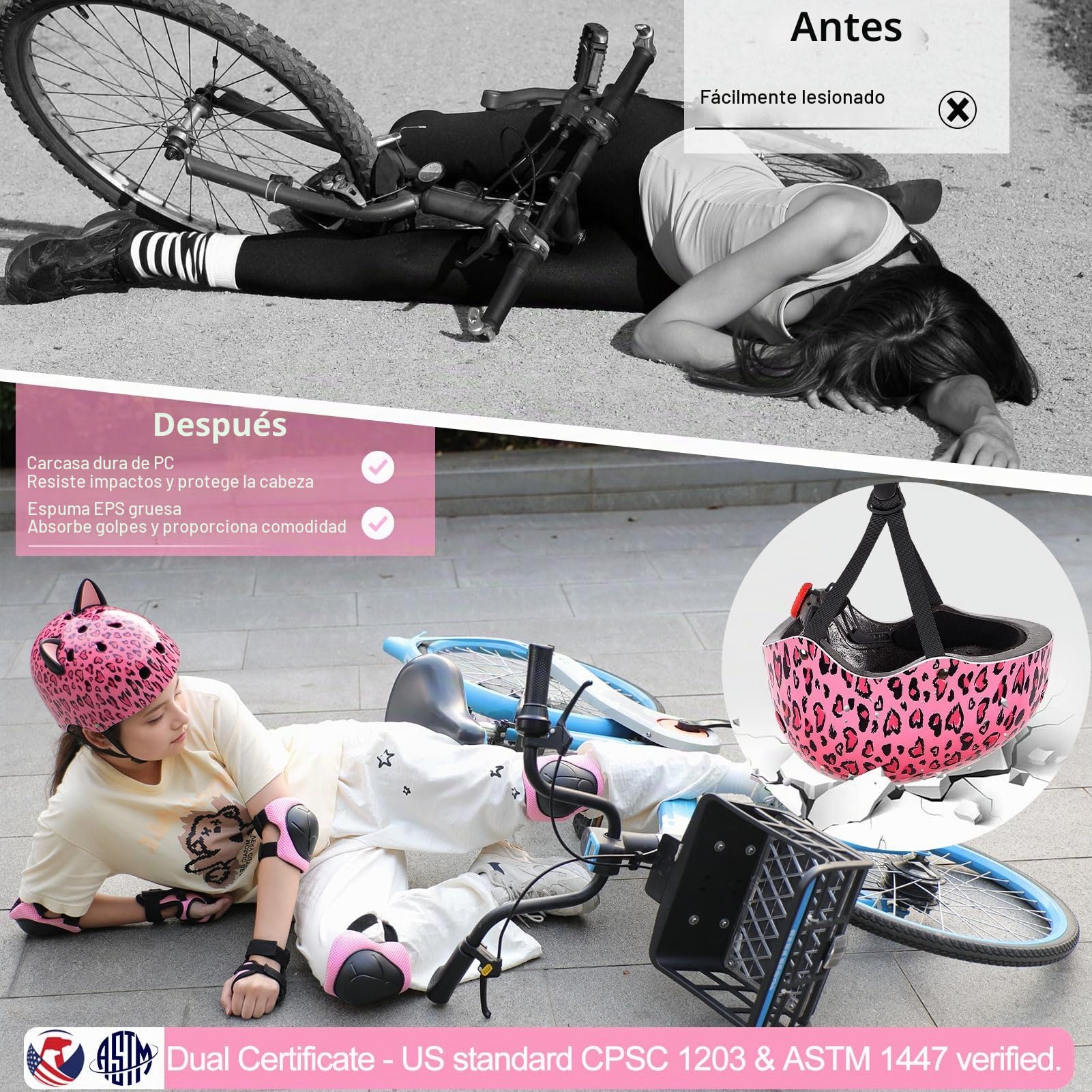 Casco Bicicleta Niño 8-14 Años con Rodilleras y Coderas, Ajustable 52-58 CM, para Ciclismo Skate Scooter Patinaje