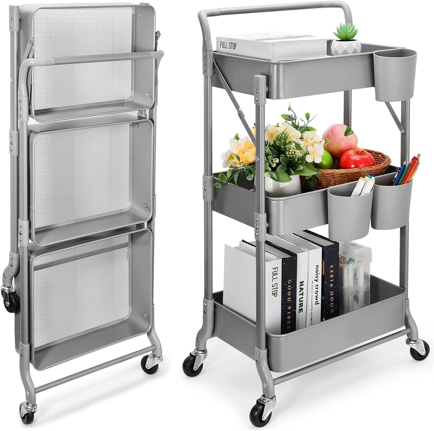 Shrivee Carrello da cucina a 3 livelli, carrello da servizio, pieghevole, in metallo, scaffale, organizer da cucina, carrello pieghevole multiuso per cucina, bagno, ufficio (grigio)