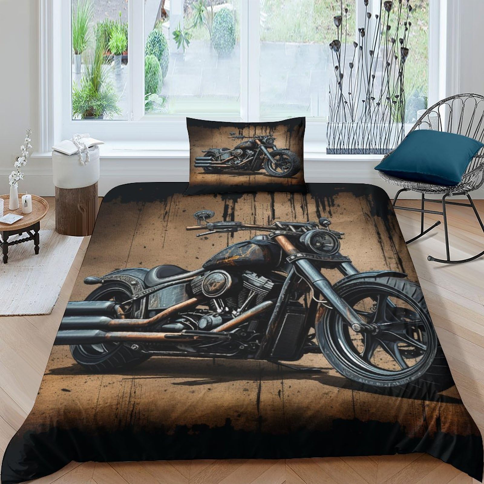 ESSAHI Harley Rider 3D Print Bedding Set Duvet Cover for Kids Girls with Pillwocase Hidden Zipper Soft Microfiber Vintage Motorbike Quilt Cover Room Decor Comforter Cover 3 Pieces Single（135x200cm）