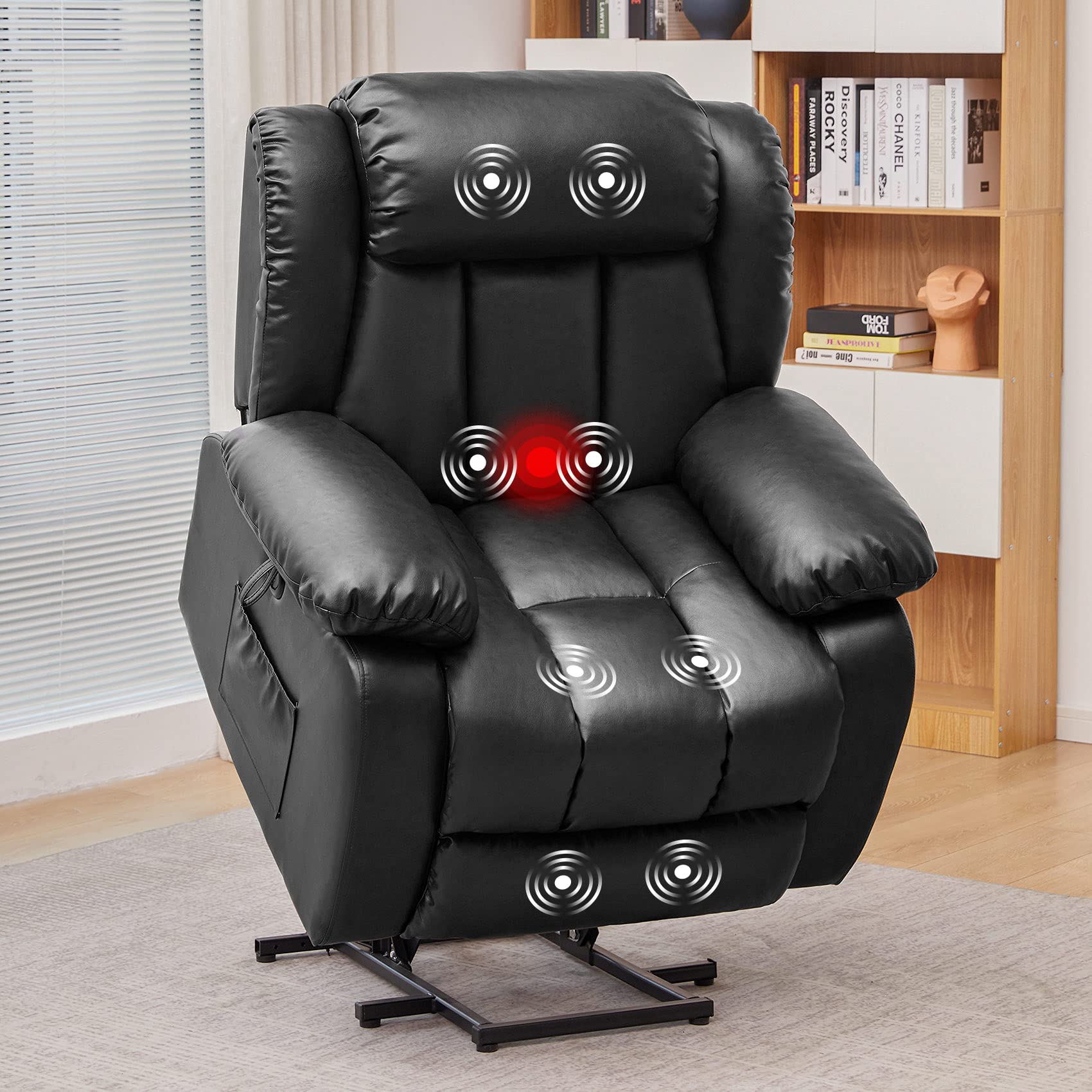 Assembled CDCASA Electric Power Lift Recliner Chair in black faux leather.