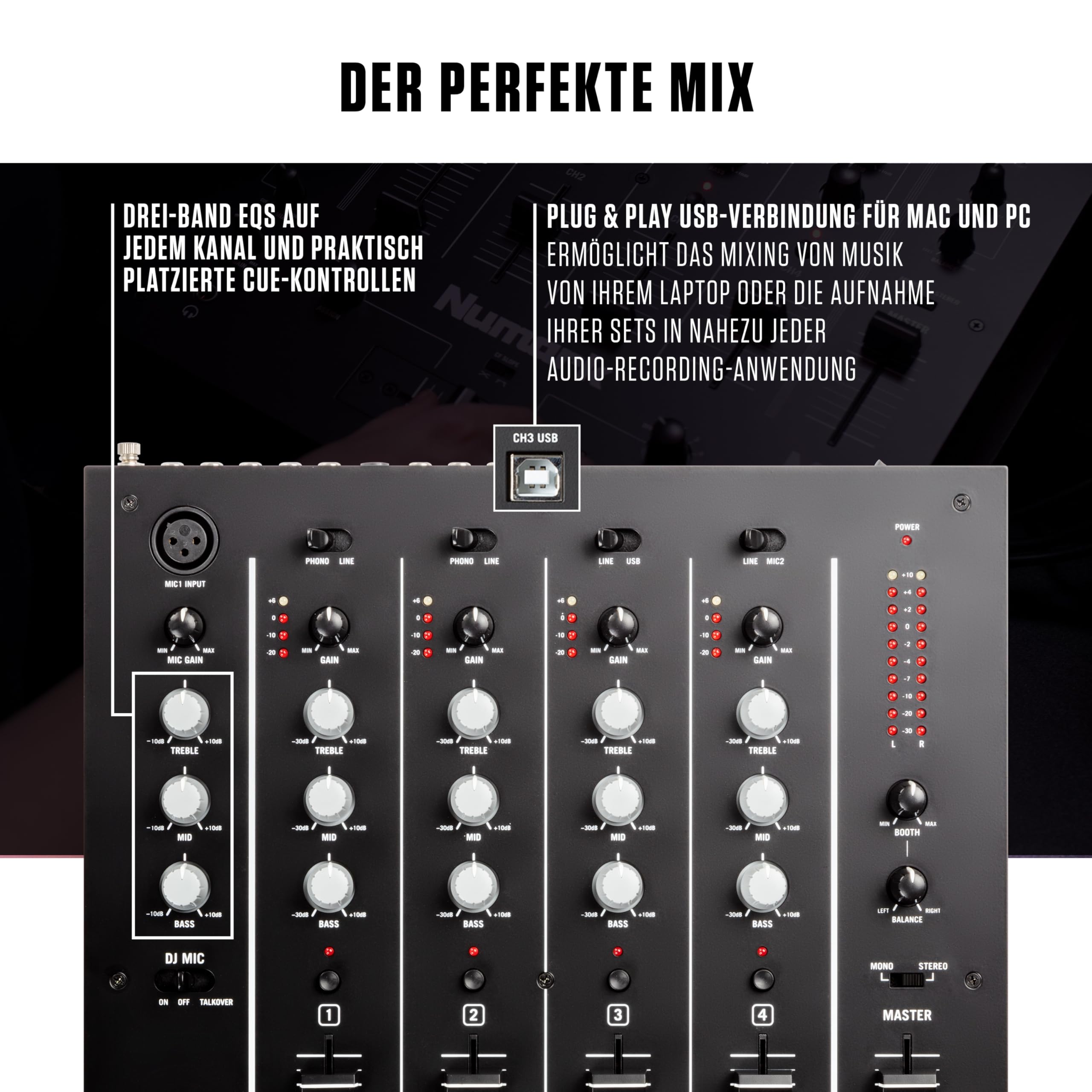 Numark M6 USB - 4-Kanal DJ-Mixer mit integriertem Audio Interface, 3-Band EQ, Mikrofoneingang und austauschbarem Crossfader mit Slope-Kontrolle