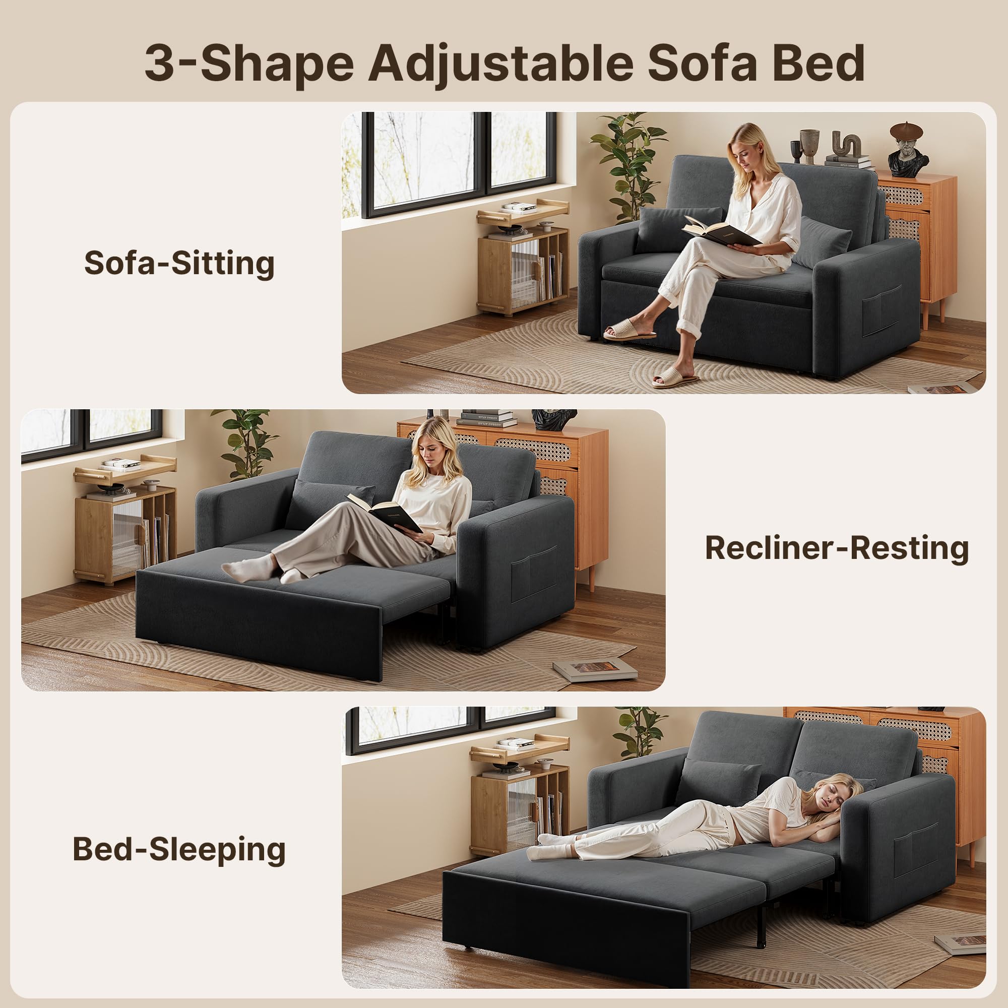 Xbro Sofa mit Schlaffunktion 147x196x87 cm, Schlafsofa 2-Sitzer Ausziehbar mit 4 Rollen, Modernes Veloursstoff Sofabett, Dunkelgrau