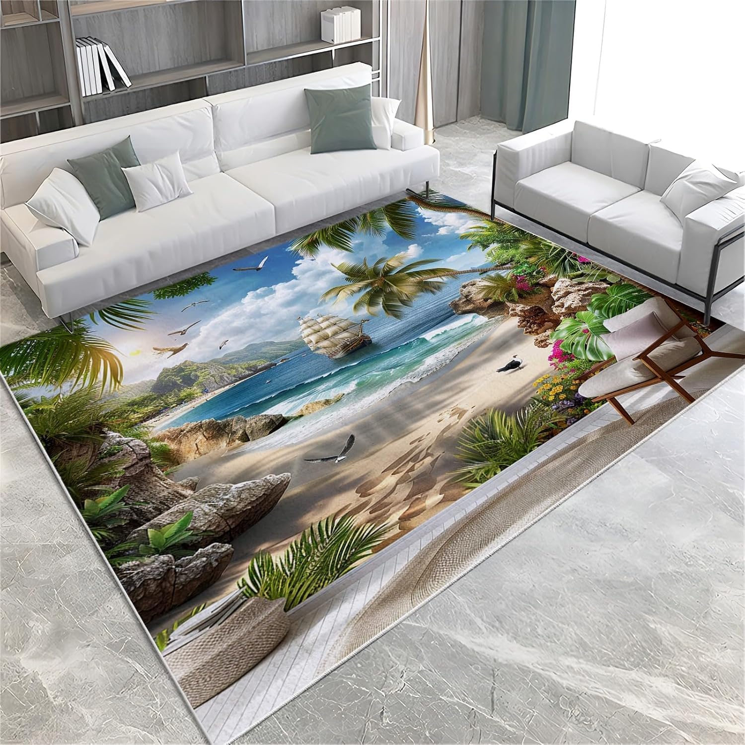 Area Rug Soft 3D Sailboat Landscape Printed Floor Mat Polyester Material Non-Slip Carpet Easy Clean For Bedroom Hall Kitchen Living Room Kids Room Doormat Carpet 80 X 160 Cm -3304603152355
