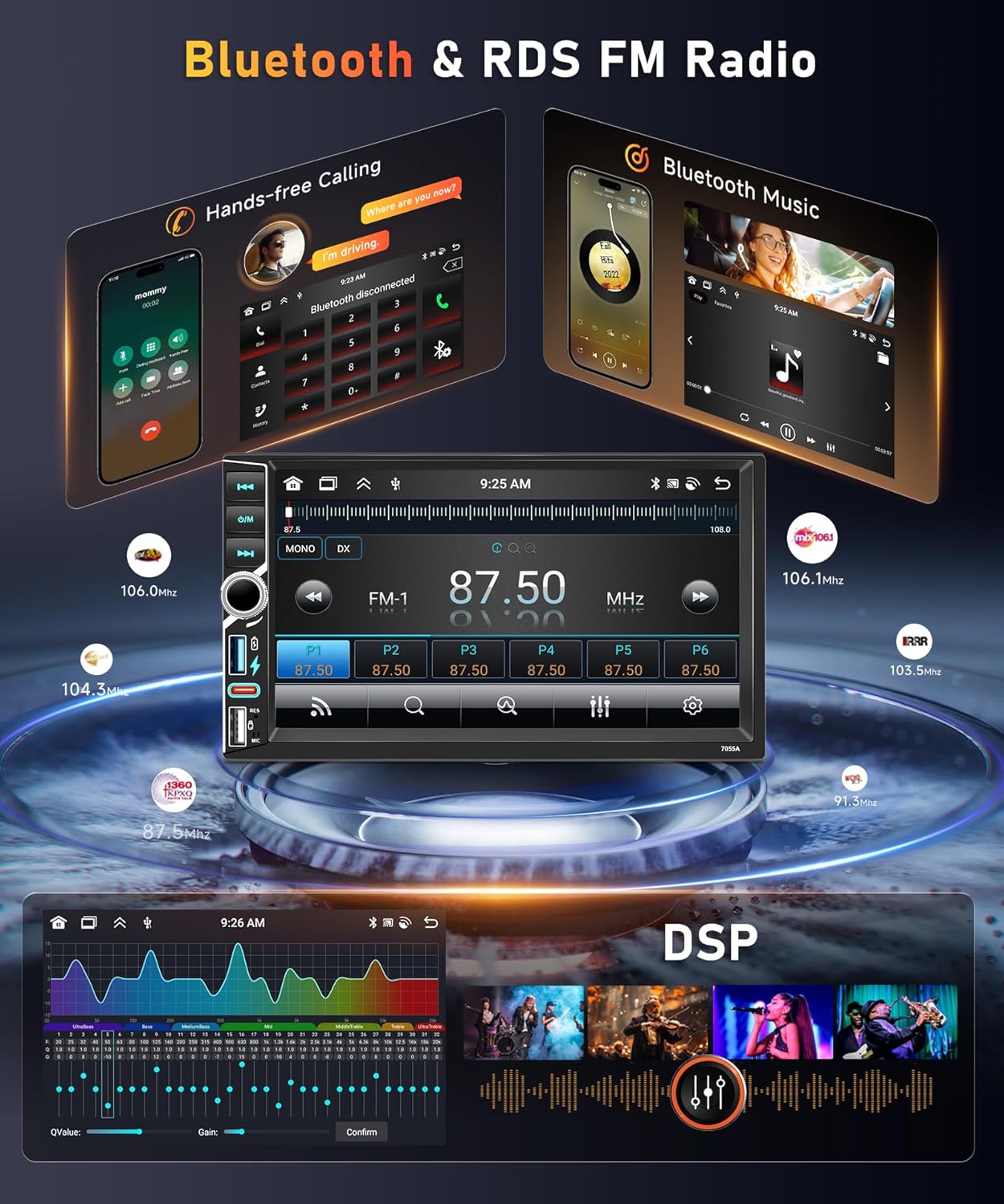 Image depicting Bluetooth hands-free calling and music playback interfaces on the Hodozzy 7055A screen, alongside the FM radio tuner and DSP equalizer settings.