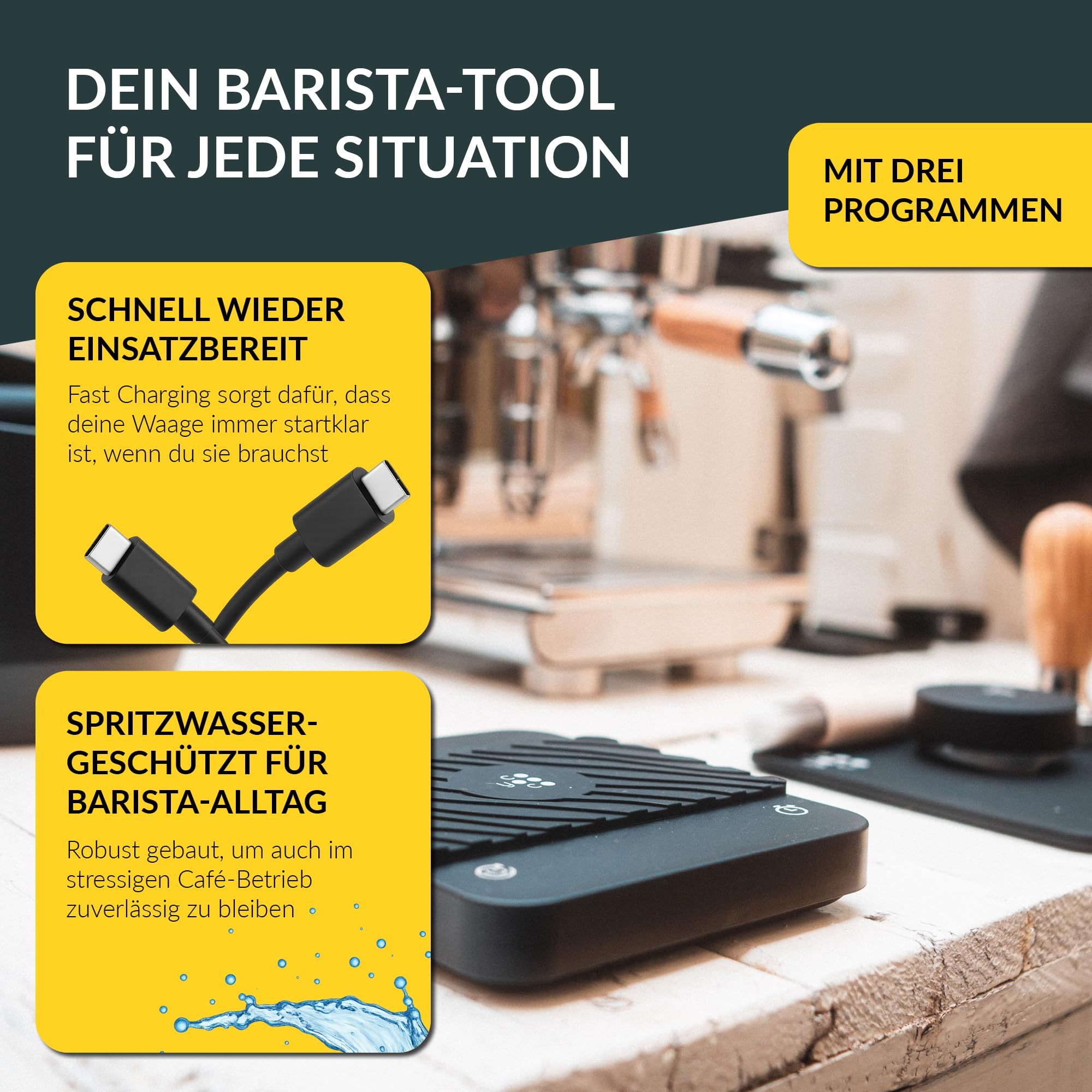 COYOOCO Kaffeewaage mit Timer - 0,1 g Präzision bis 2 kg - spritzwassergeschützte Espresso Waage für Siebträger - 3 Programme & USB-C Schnellladen - Barista Waage inkl. Zubehör