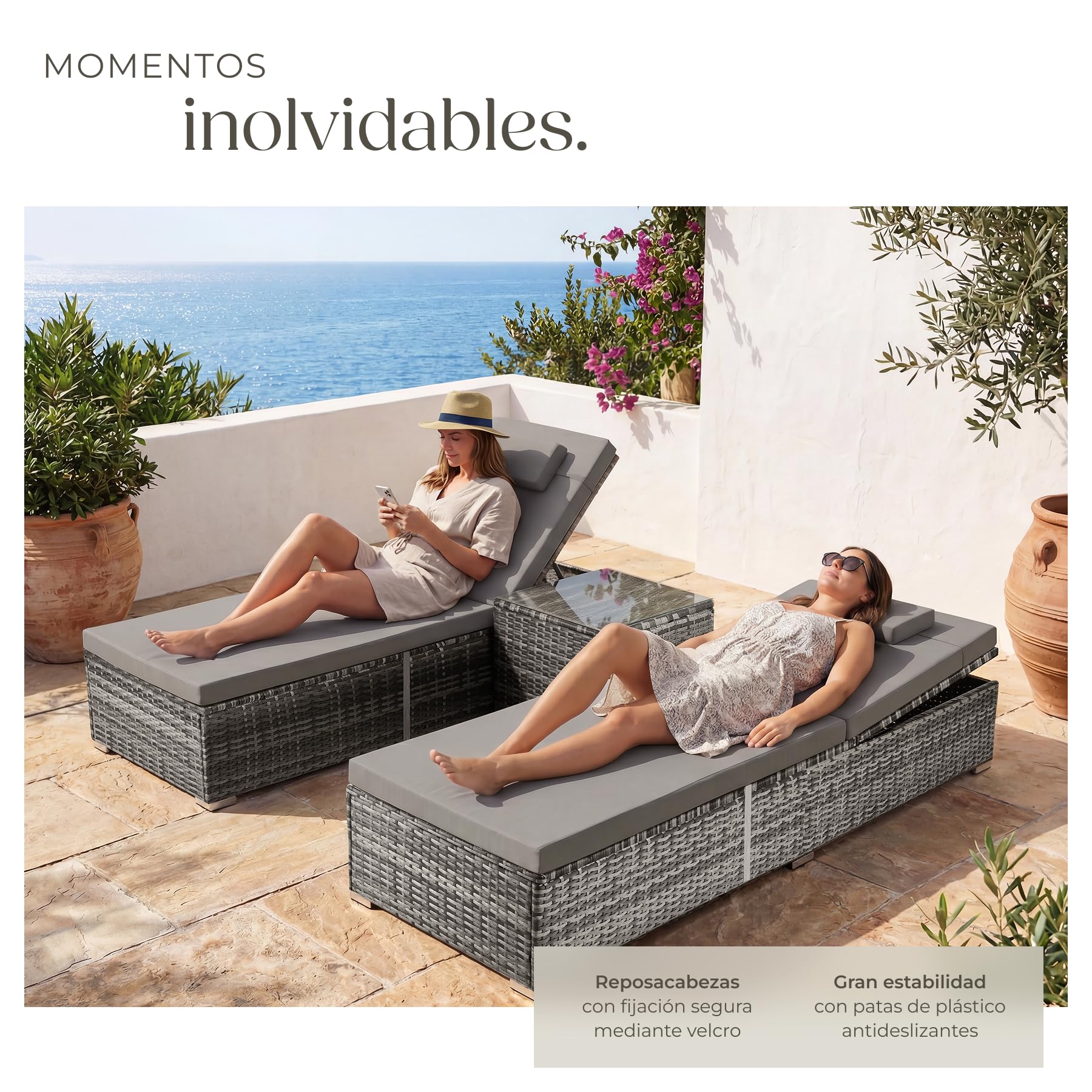 tectake® Set de 2 Tumbonas Jardin Exterior, Tumbonas Piscina, Muebles Jardin Exterior, Tumbona Plegable, Tumbona Terraza con Mesa, Respaldo Ajustable 6 Posiciones, Acolchado Extraíble - Gris