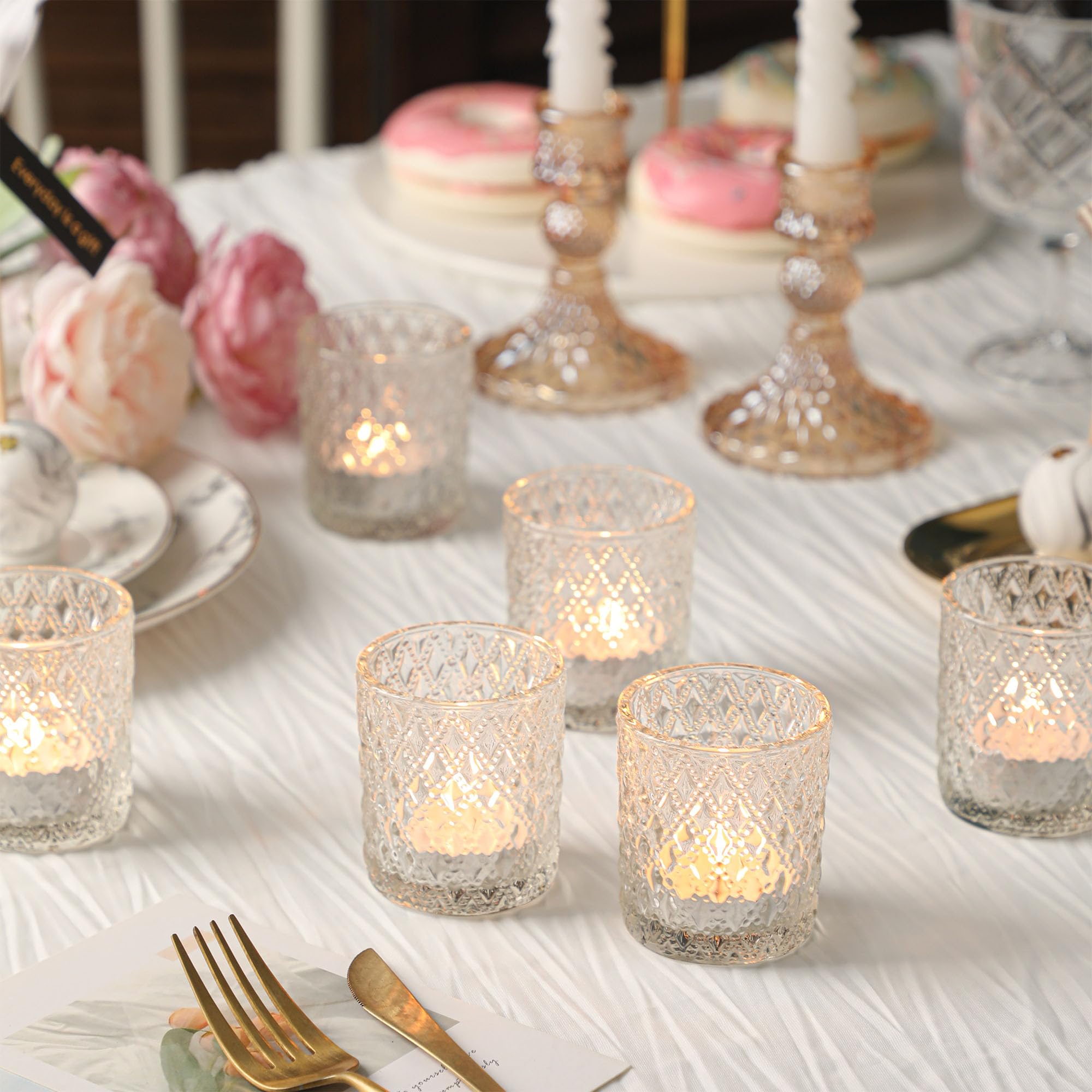 Lot de 12 Photophore Bougie, Photophores en Verre pour Bougie Chauffe-Plat, Photophore pour Centres de Table Parfait pour Mariage Fête Décoration d'intérieur