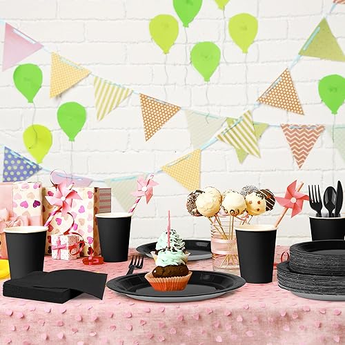 Miniatura 6 de durony Juego de vajilla de papel negro de 350 piezas de 7 pulgadas y 9 pulgadas, platos desechables para 50 invitados, vasos de papel, cubiertos,