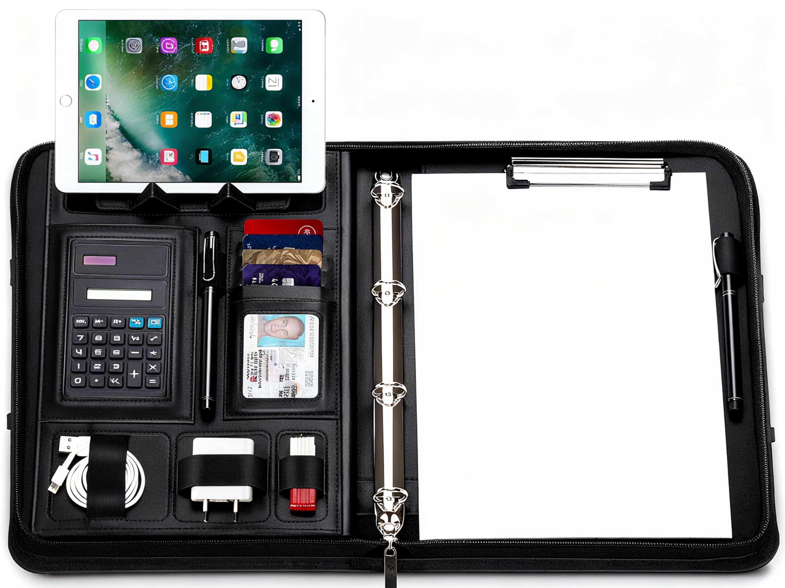 Cartella portadocumenti A4 in pelle con calcolatrice, raccoglitore ad anelli, manici magnetici pieghevoli, supporto tablet e smartphone