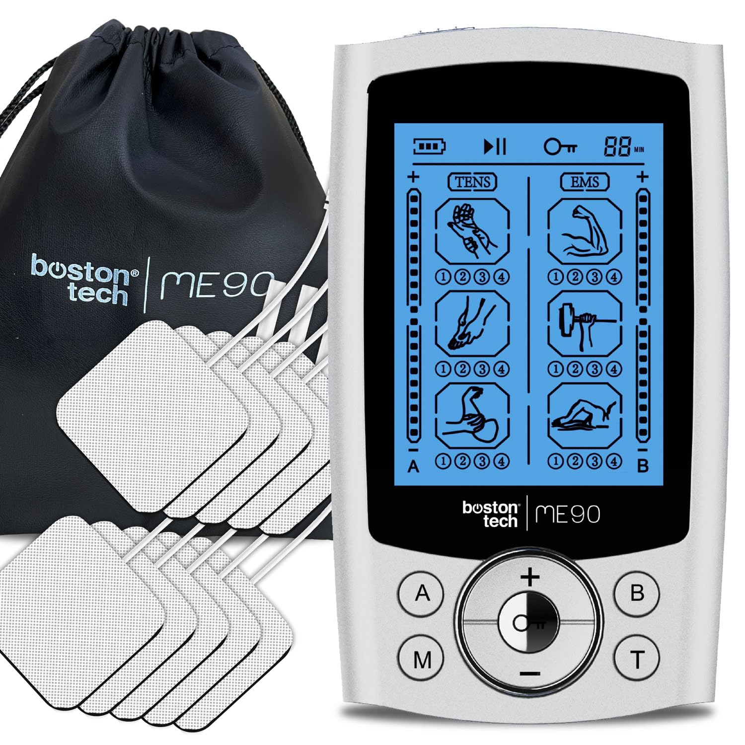 Boston Tech Electroestimulador Muscular ME90. TENS EMS. 2 Canales. 24 programas. 16 Niveles de Intensidad. Incluye 10 Electrodos. Alivio rápido y eficaz del Dolor