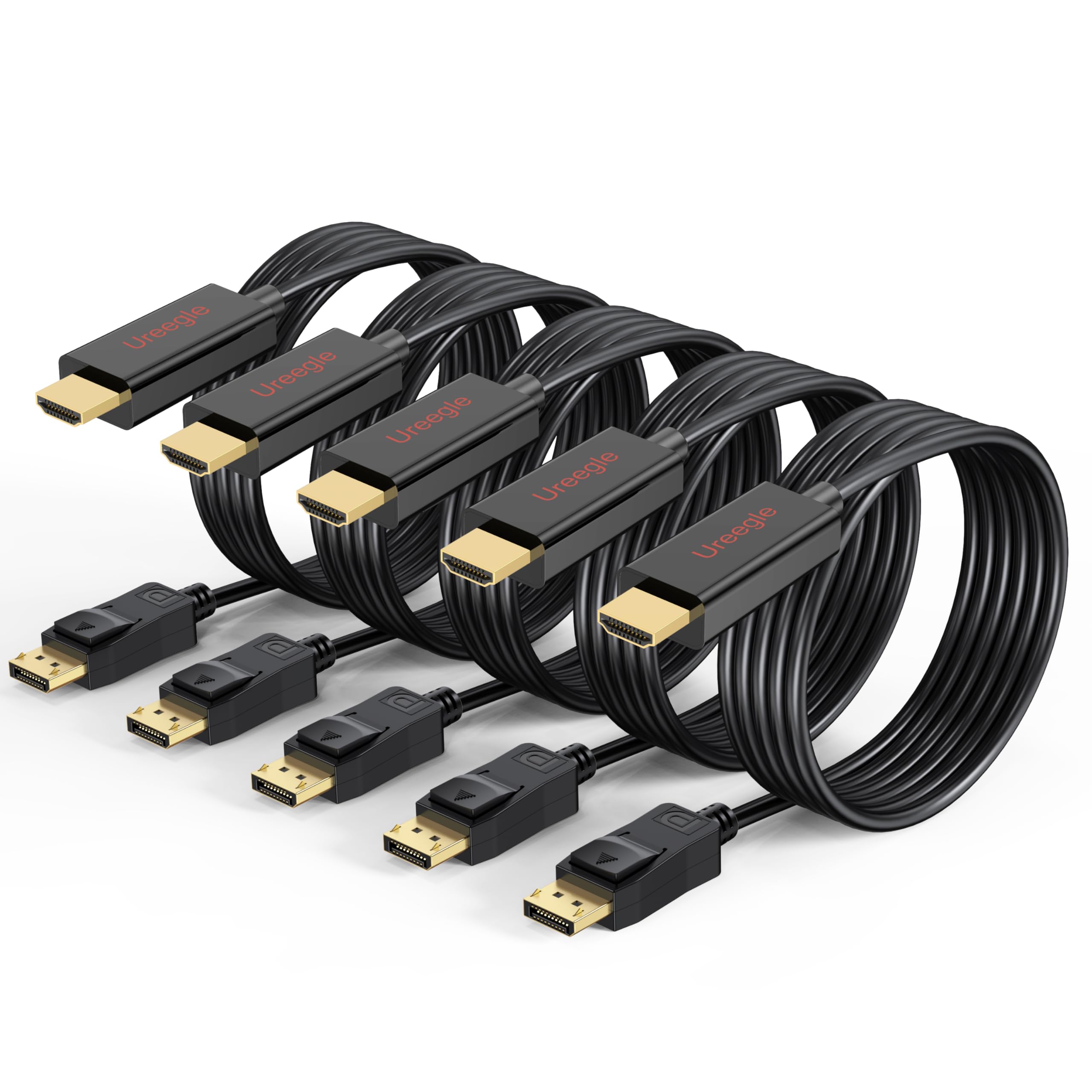 Ureegle 4K DisplayPort to HDMI Cable: 10ft Gold-Plated DP to HDMI Cord - 5Pack Diaplay Port to HDMI Cables Supporting 4K@60Hz 2K@120Hz 1080P Full HD