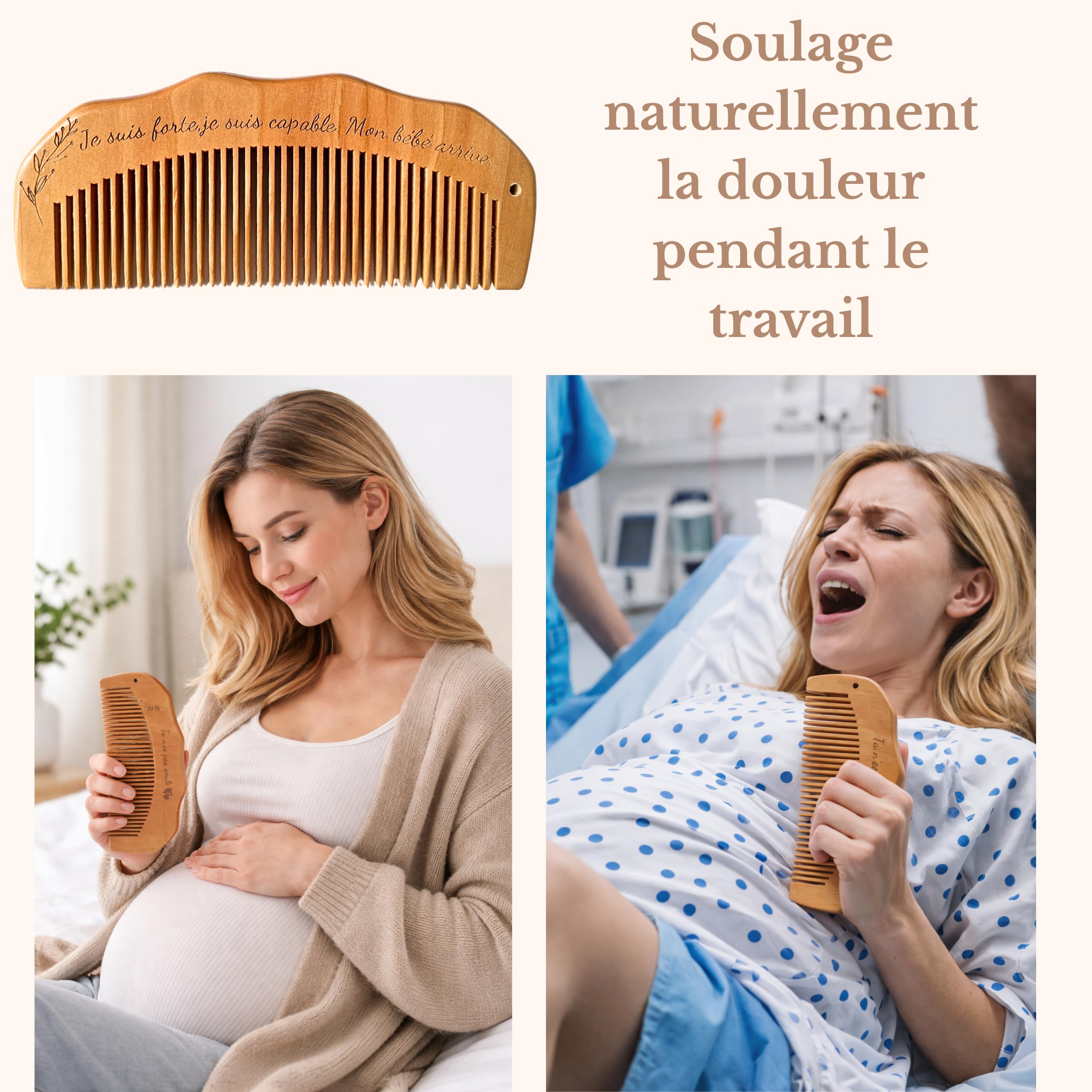 Cadeau grossesse femme enceinte – peigne accouchement en bois avec carte émotionnelle – idée cadeau maternité prénatal future maman