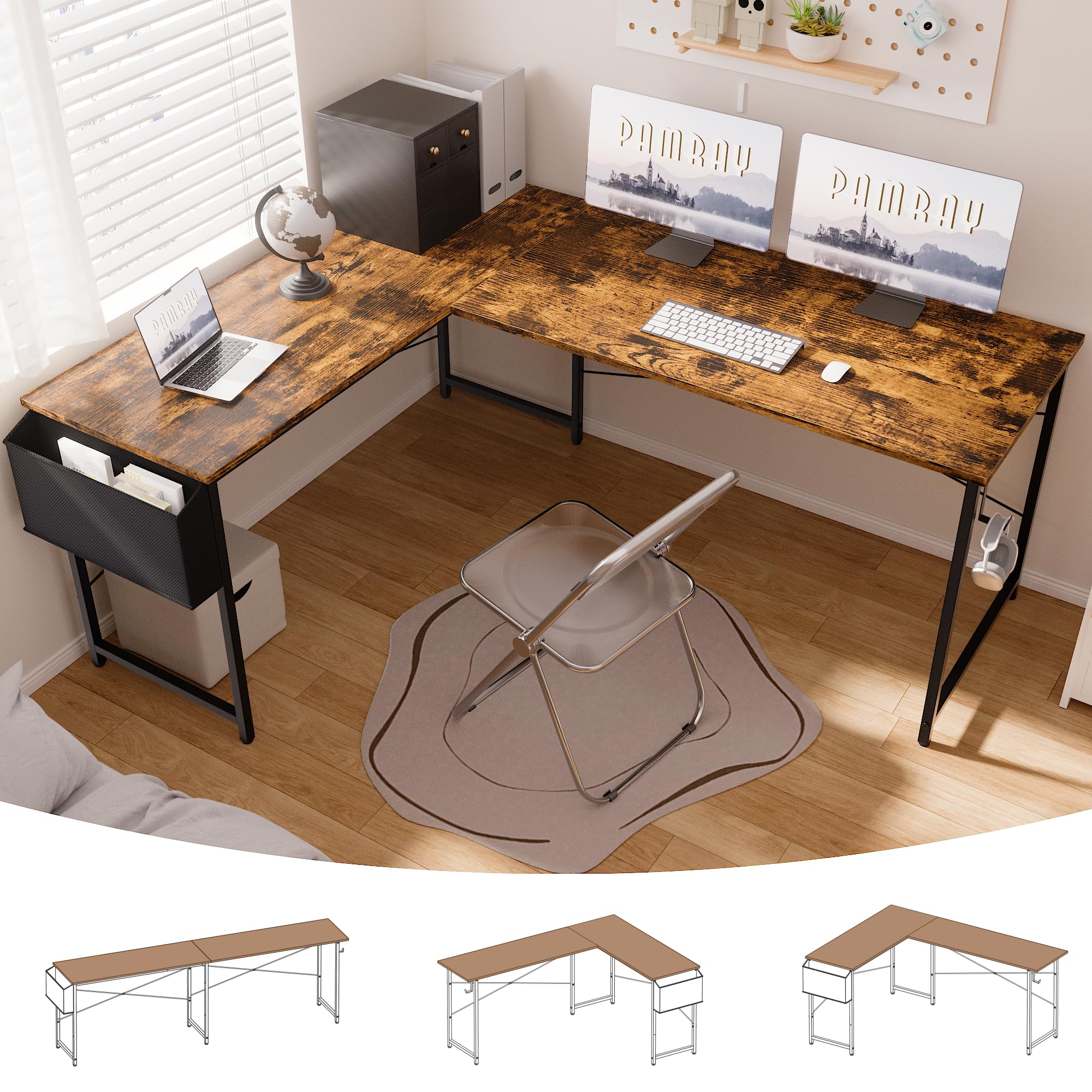Pamray 64.5 Inch Reversible L Shaped Gaming Desk Large Corner Computer Desk with Storage Bag Home Office Table for Writing Study Vintage