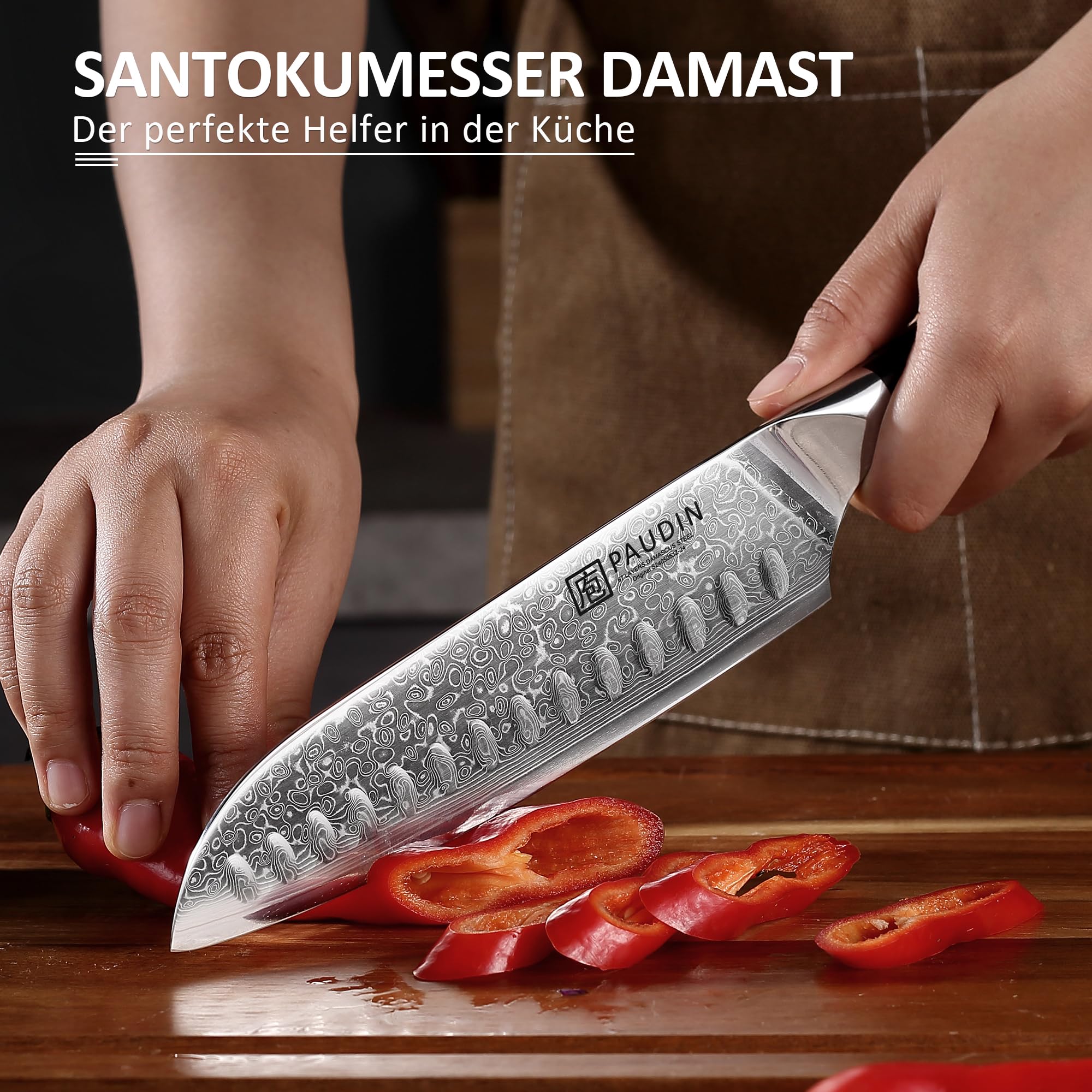 PAUDIN damatic coltello santocumeista, lunghezza della lama 17 cm coltello da cucina in acciaio tedesco, coltello da cucina con coltello da sushi con manico ergonomico VG10