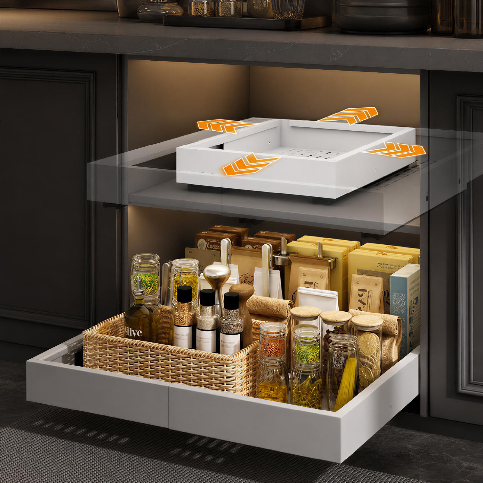 Cestello estraibile telescopico 4 direzioni per armadio cucina | Organizador de Armario con Tornillos/Adesivo, Larghezza regolabile 29-48 cm, Profondità 41,5-55 cm, Bianco